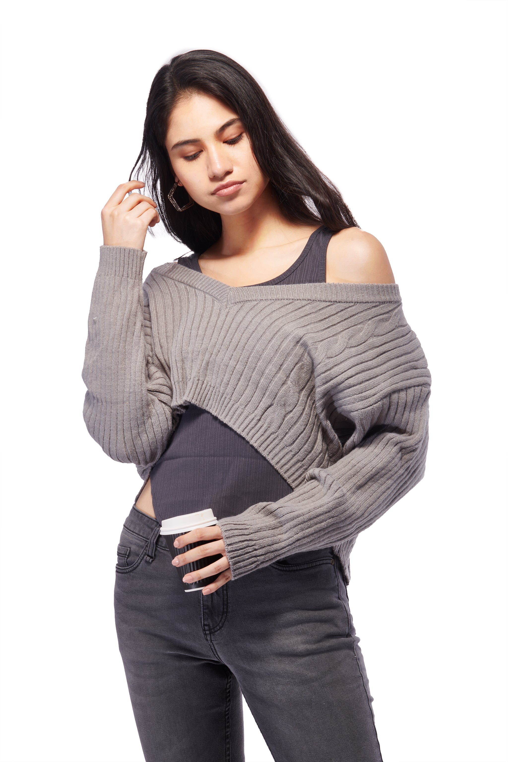 Baddie Winter Back Slit Top – Grey - view 4