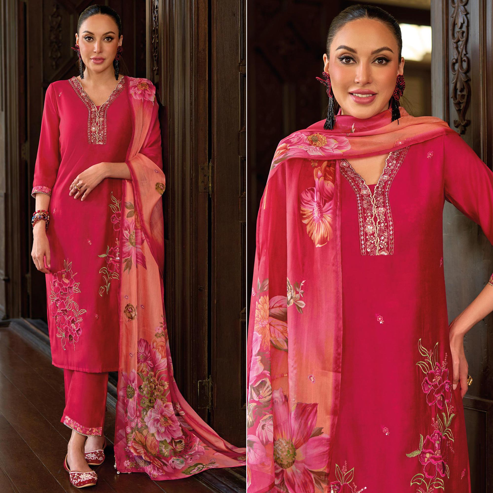 Peachmode Pink Floral Handwork Embroidered Viscose Salwar Suit