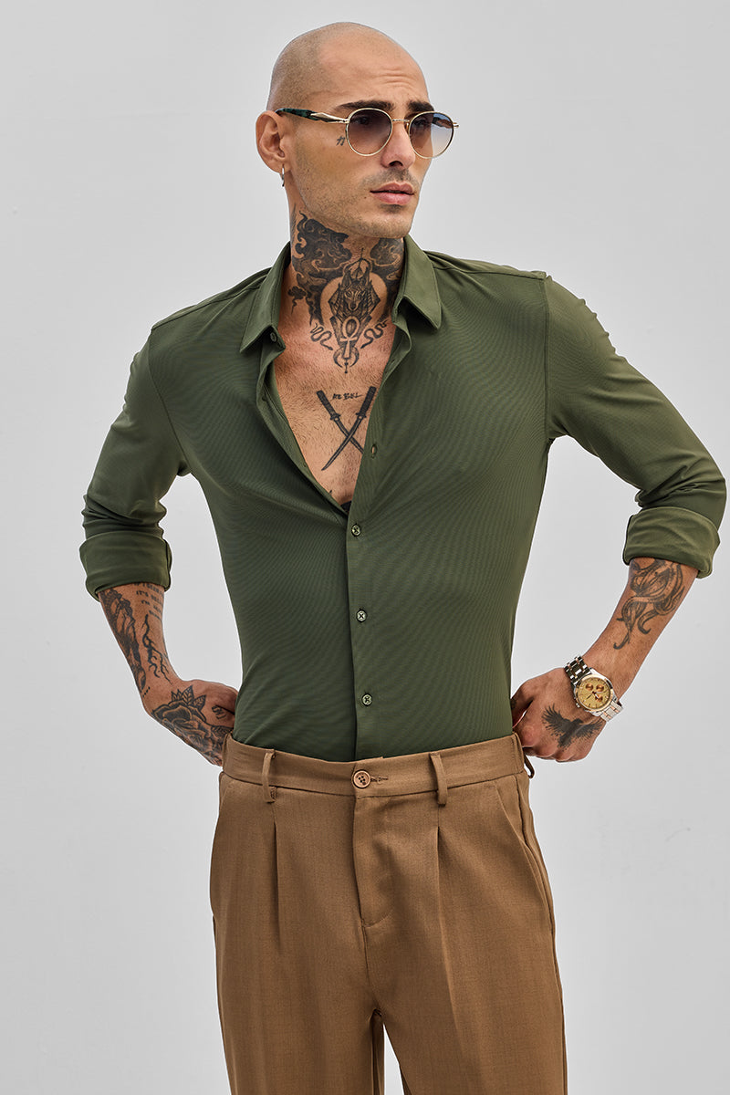 SNITCH Olive Stretchable Slim Fit Shirt