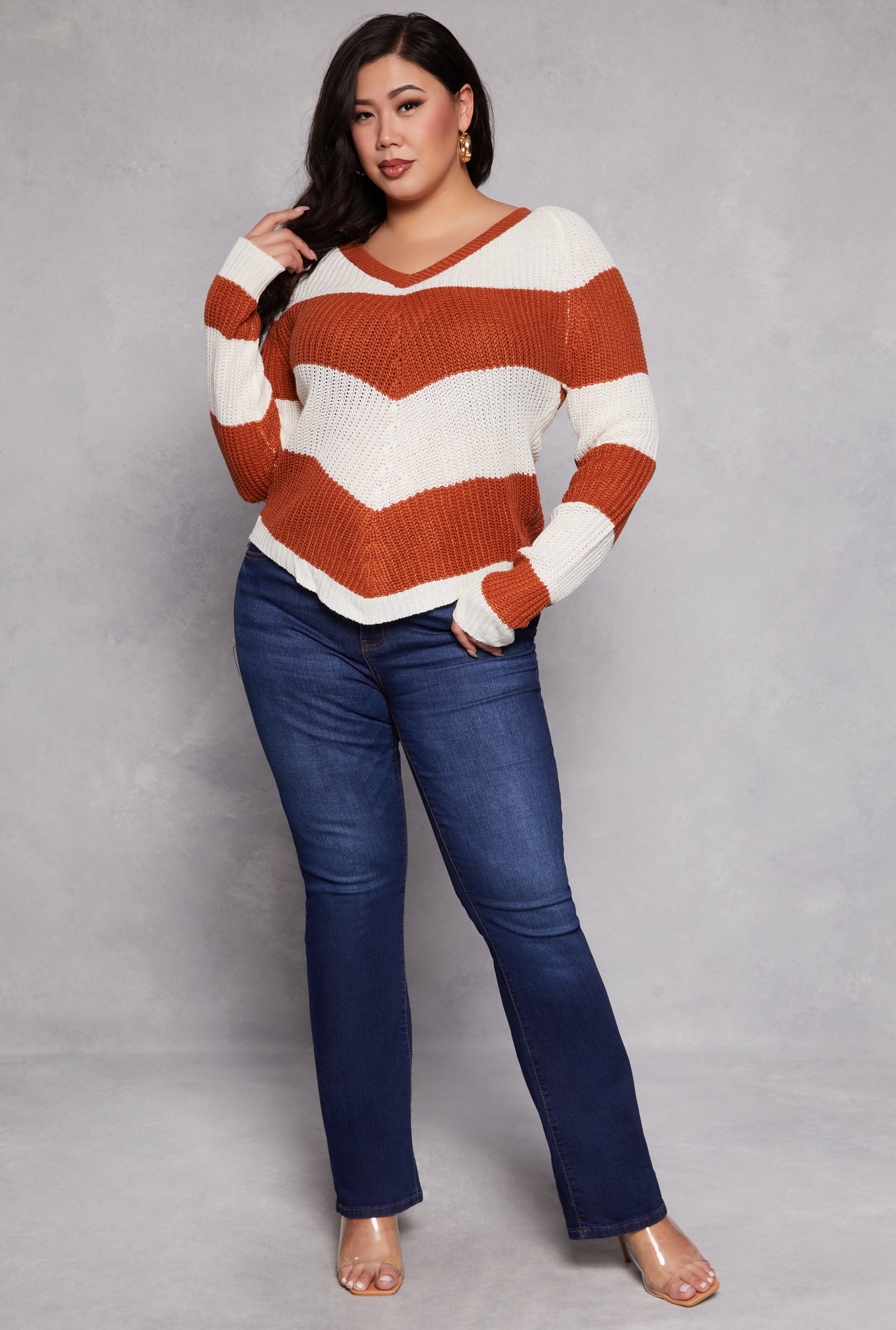 Rainbow Shops Plus Size Chevron Knit Lace Up V Neck Sweater - view 2