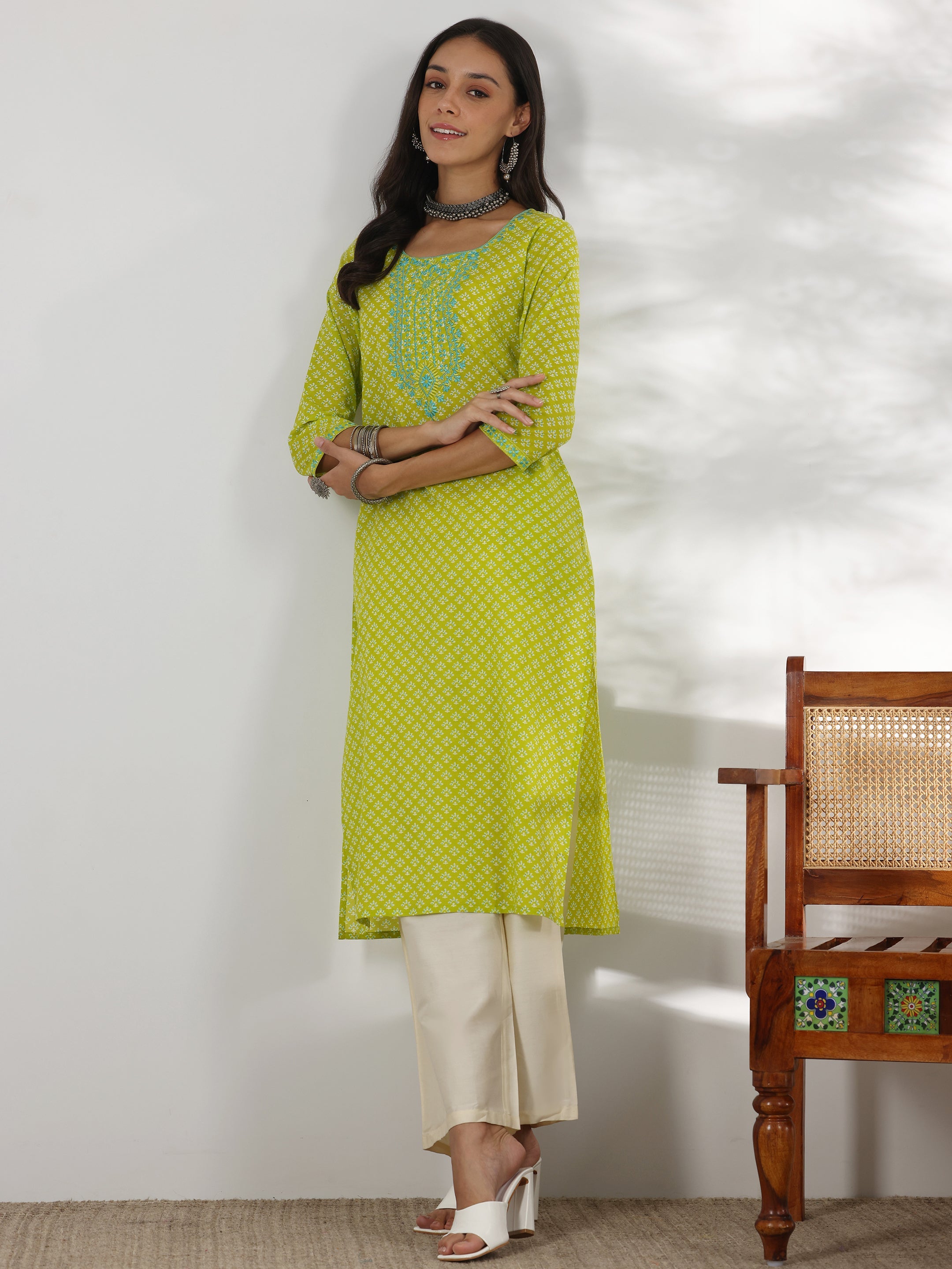 Libas Green Printed Cotton Straight Kurta