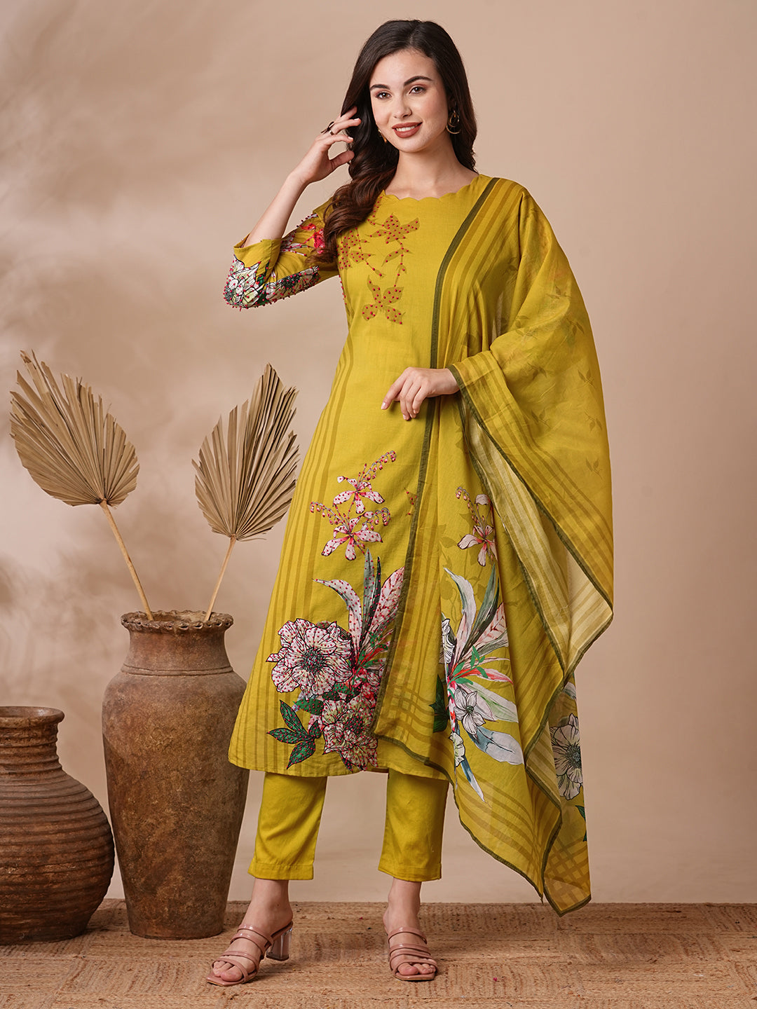 Fashor Floral Printed & Embroidered Straight Kurta with Pant & Dupatta - Lime Green - view 3