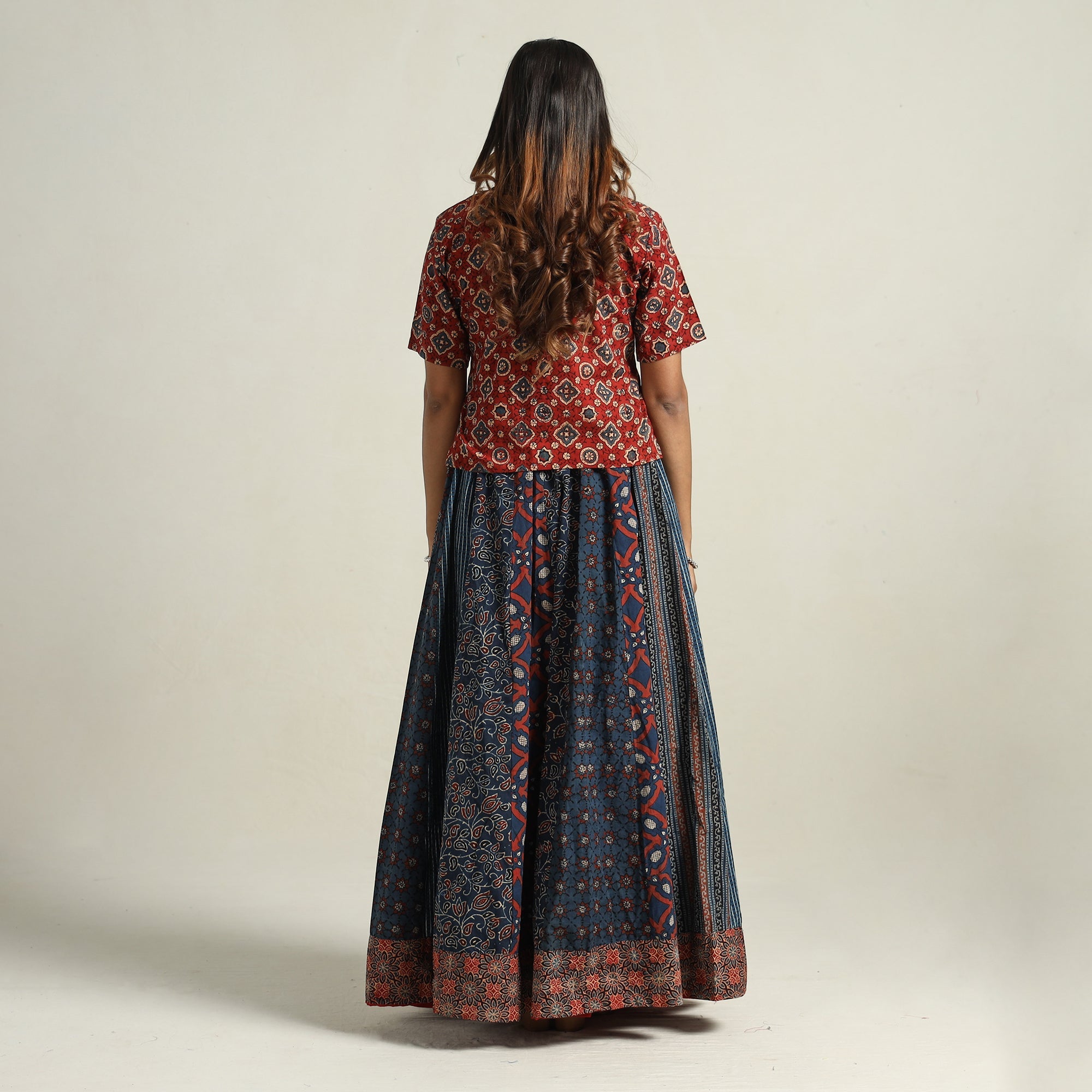 NOORI BAZAR Blue - Ajrakh Block Printed 24 Kali Patchwork Cotton Long Skirt 35 - view 7