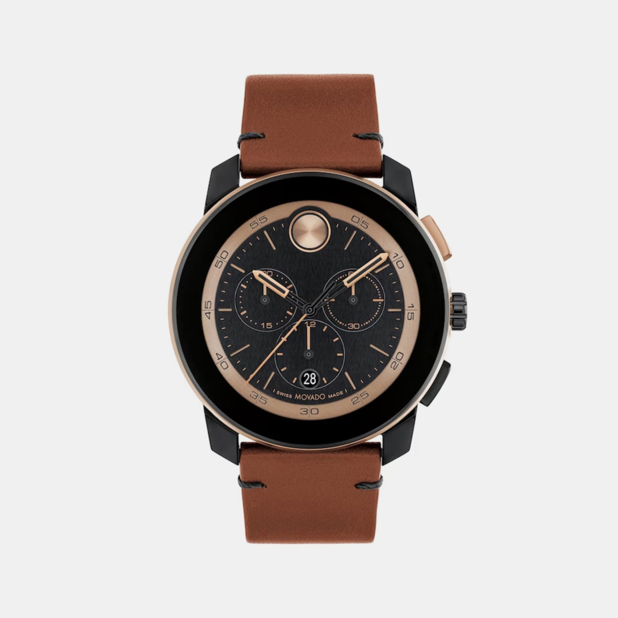 Movado Bold Men Quartz Black Dial Chronograph Leather Watch 3601115