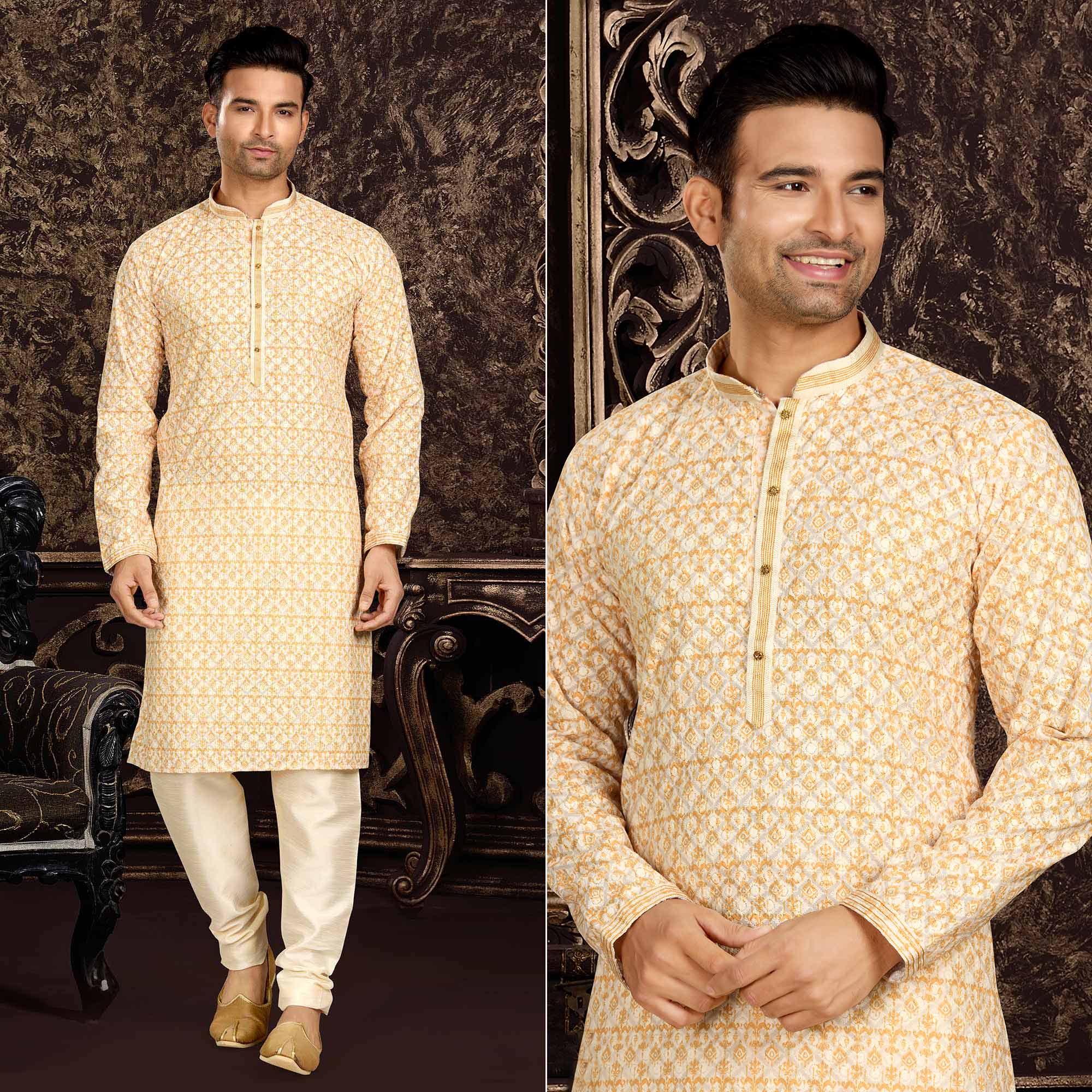 Peachmode Seller Light Yellow Lucknowi And Digital Printed Cotton Kurta Pyjama Set