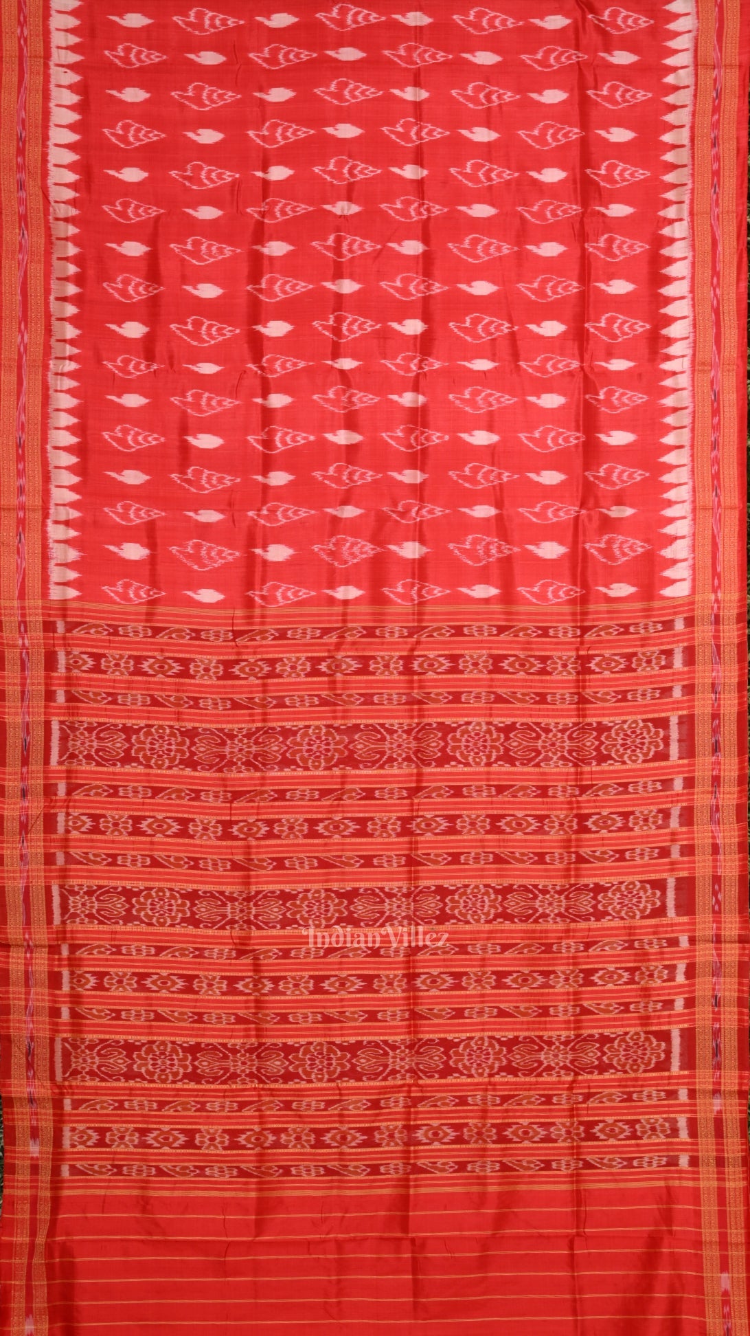IndianVillèz Red Sankha Motif Odisha Ikat Khandua Silk Saree