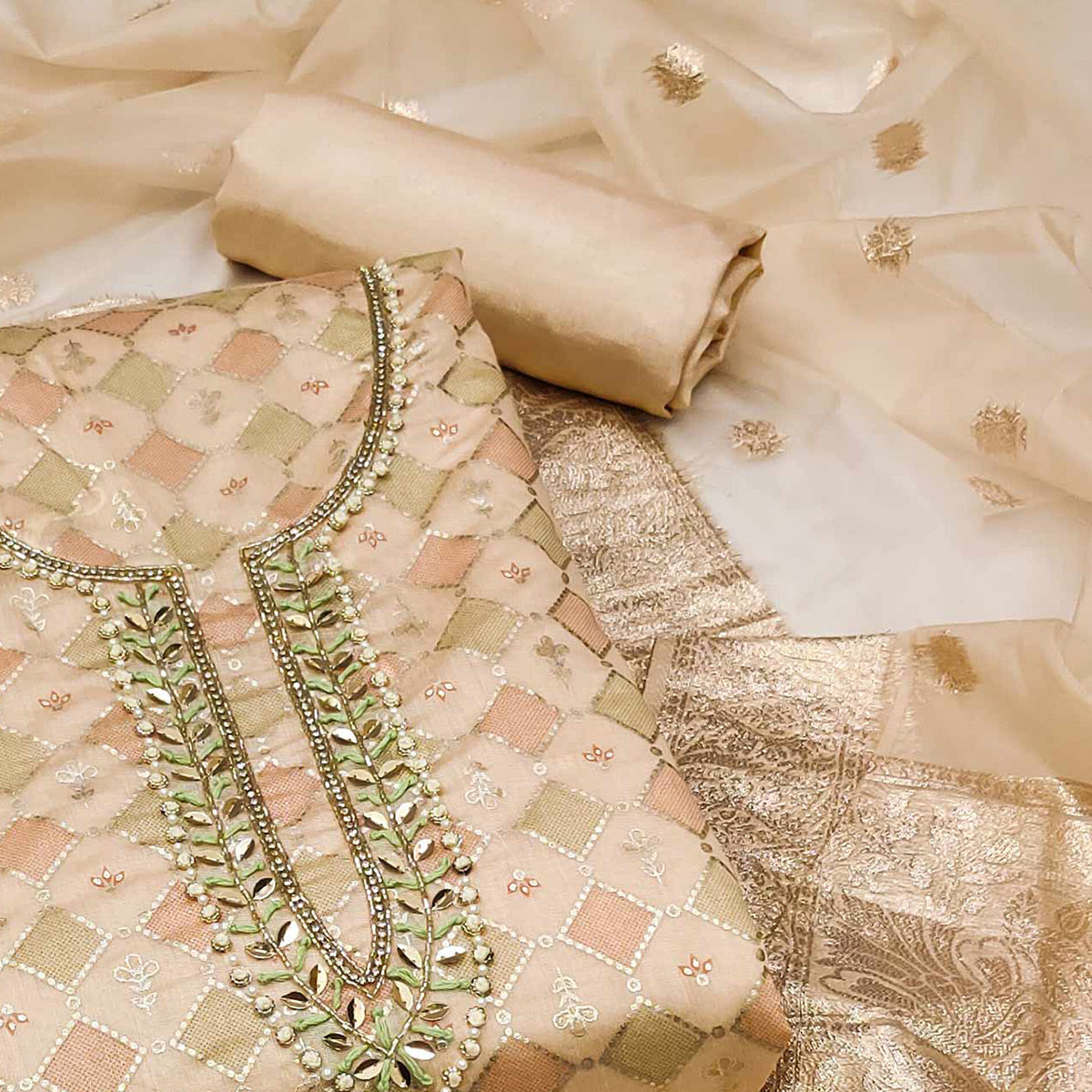 Peachmode Chikoo Printed With Handwork Modal Dress Material - view 2