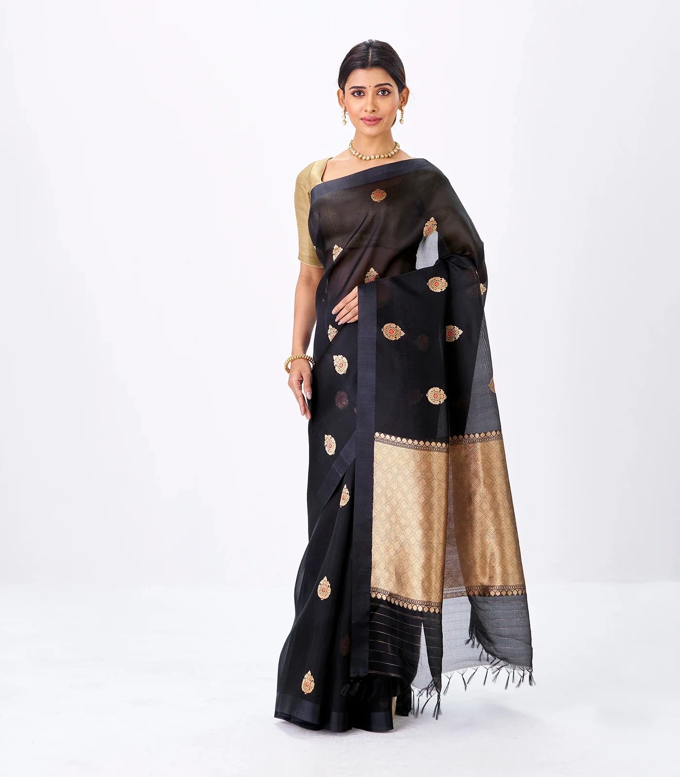 RmKV Midnight Blue Banarasi Organza Silk Saree With Floral Motifs