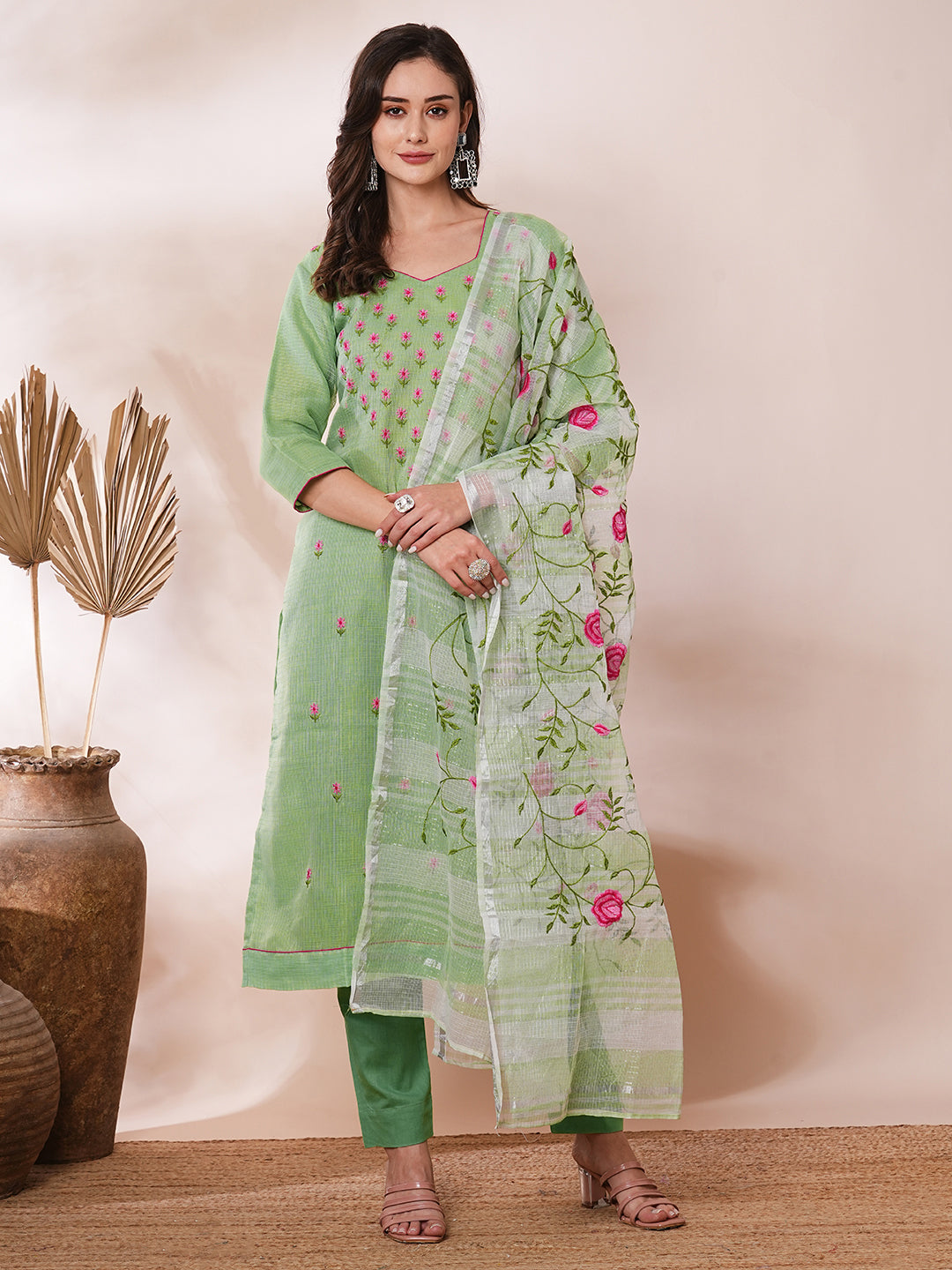 FASHOR Solid Floral Embroidered Straight Fit Kota Doriya Kurta with Dupatta & Pant - Green - view 3