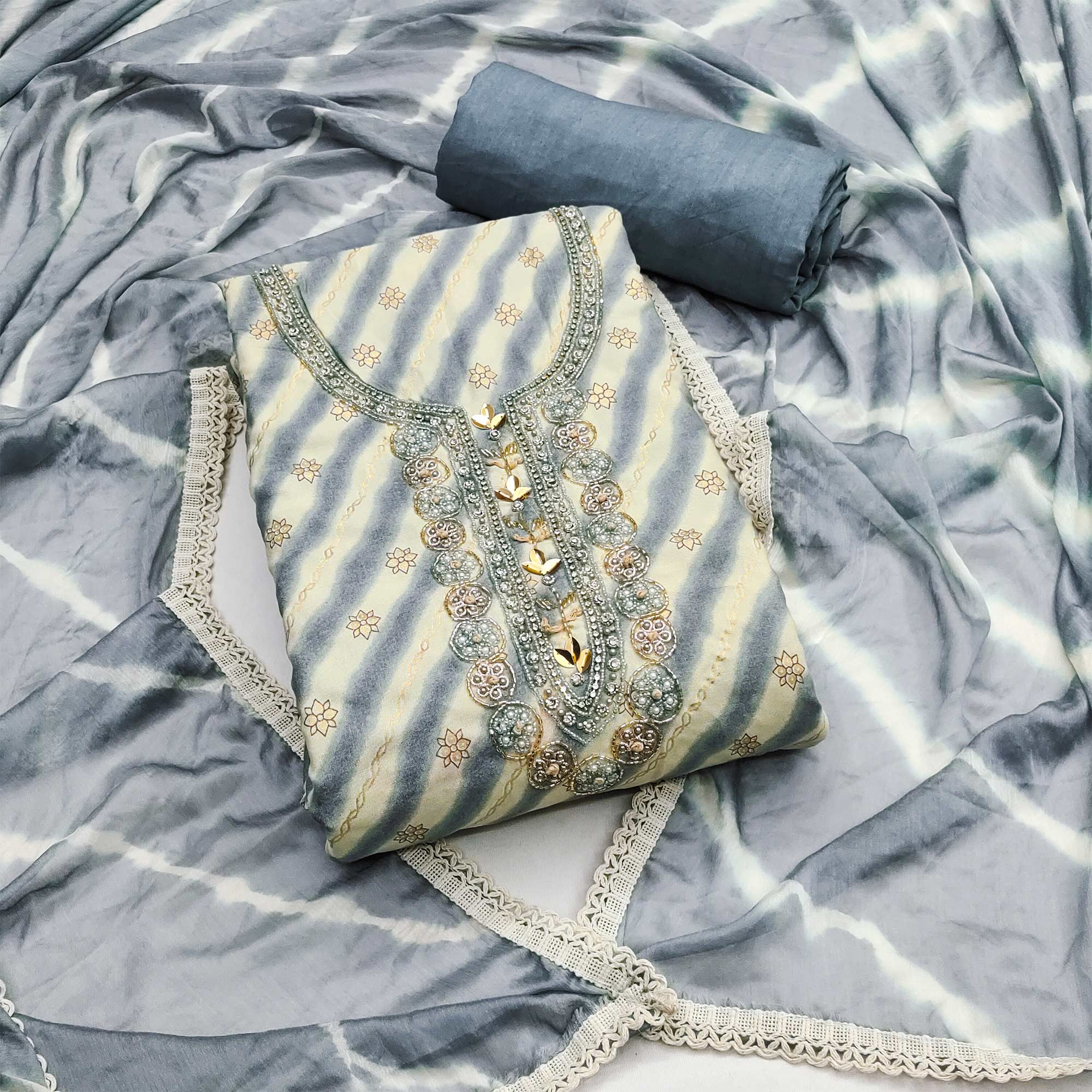 Peachmode Grey Printed With Hand Embroidered Pure Cotton Dress Material