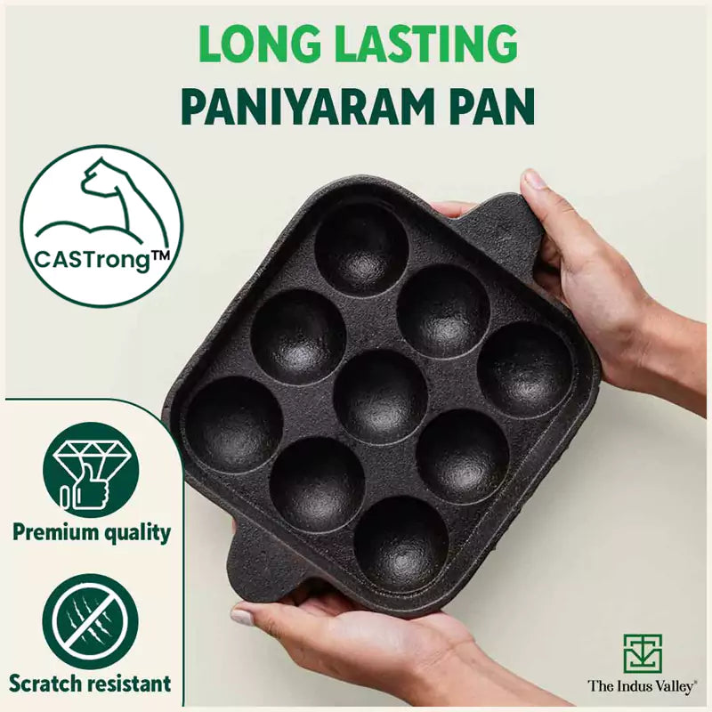 The Indus Valley 9 Pit/Cup CASTrong Cast Iron Paniyaram/Appe Pan+ Free Spatula, Pre-seasoned, Natural Nonstick, 100% Pure, Toxin-free, 24 cm, 1.34 kg - view 11