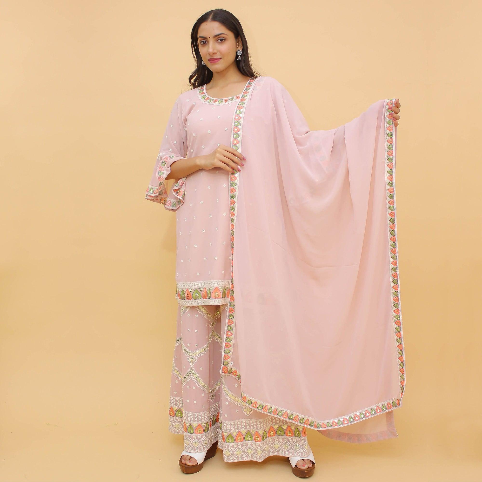 Peachmode Dusty Pink Sequins Embroidered With Foil Georgette Sharara Suit