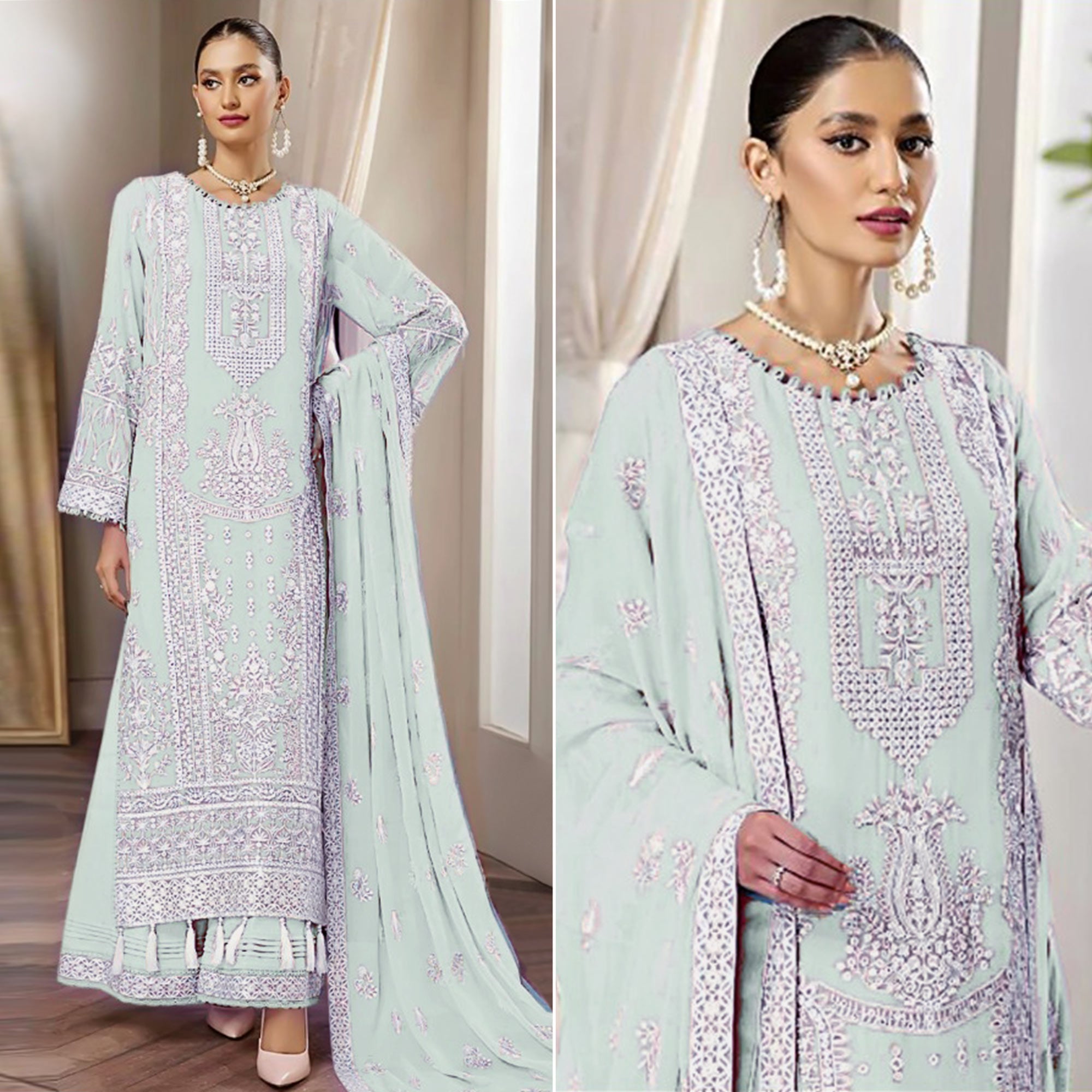 Peachmode Light Pista Floral Embroidered Georgette Pakistani Suit