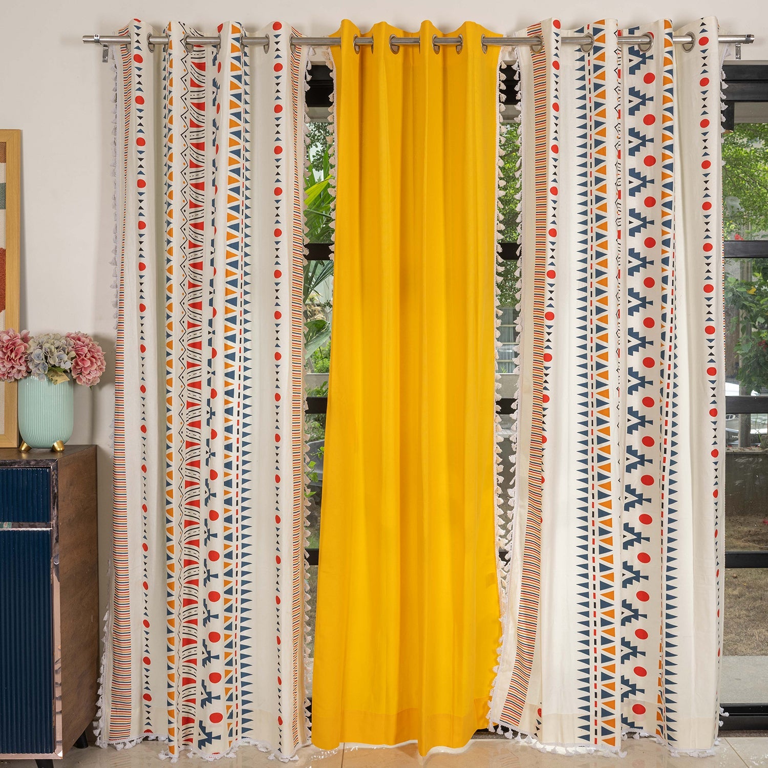 Urban Space -Home Furnishing Store Cotton Curtains Combo, Set of 3 curtains, 60-65% Room Darkening Curtain - Orange & Aura Yellow