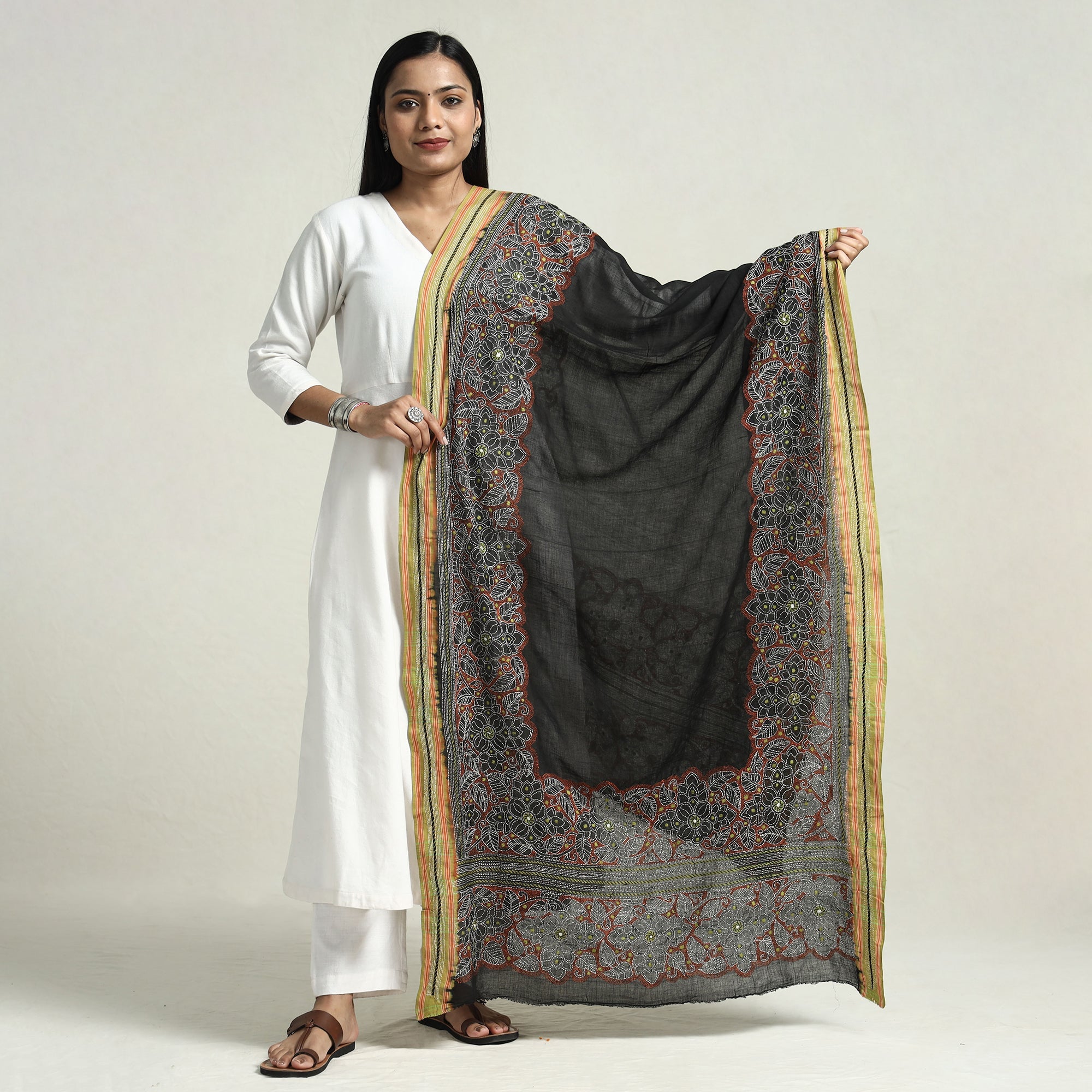 KHUSHBASH - HAPPY LOOM OF EAST Black - Bolpur Kantha Embroidery Cotton Handloom Dupatta with Tassels