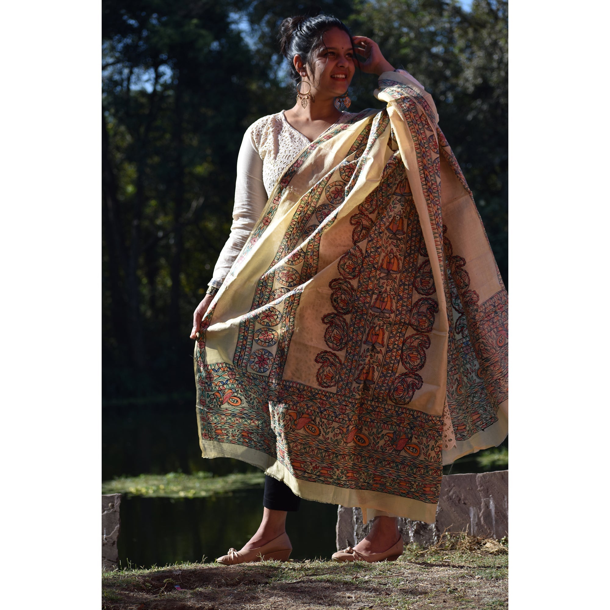 DIORAMA DESIGNS Beige - Madhubani Hand-Painted Silk Dupatta