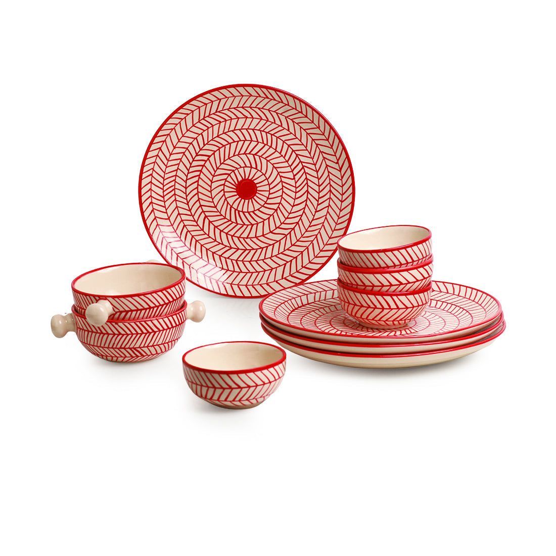 EXCLUSIVELANE 'Red Chevrons' Handpainted Ceramic Dinner Plates With Serving Bowls & Katoris (10 Pieces, Serving for 4, Microwave Safe) - view 2
