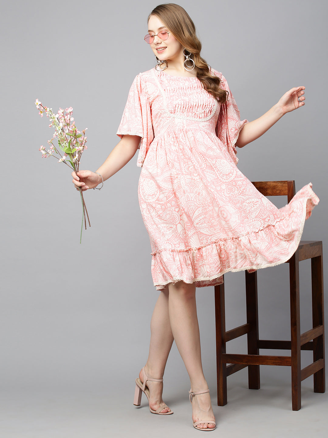 Fashor Ethnic Printed A-Line Flared Midi Dress - Light Pink