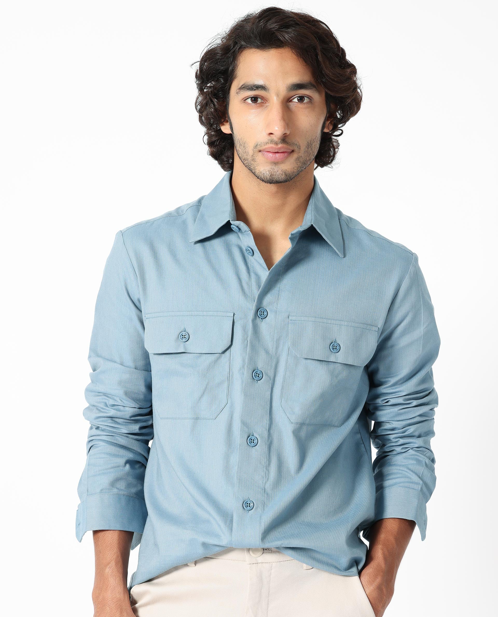 Rare Rabbit Men's Lampil Dusky Blue Cotton Fabric Full Sleeves Solid Shirt