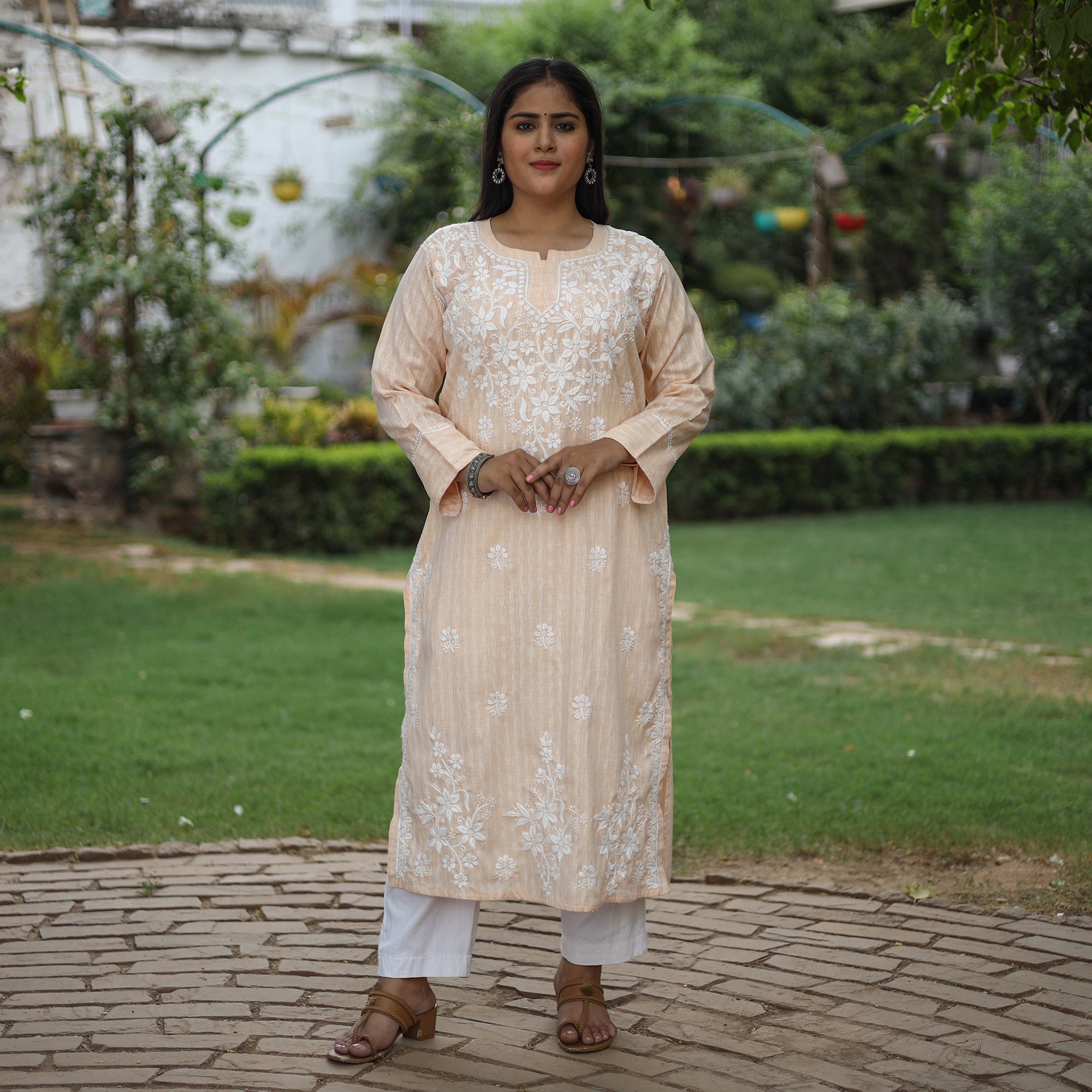 MEHARKI CHIKAN Beige Chikankari Hand Embroidered Cotton Long Kurta - view 2