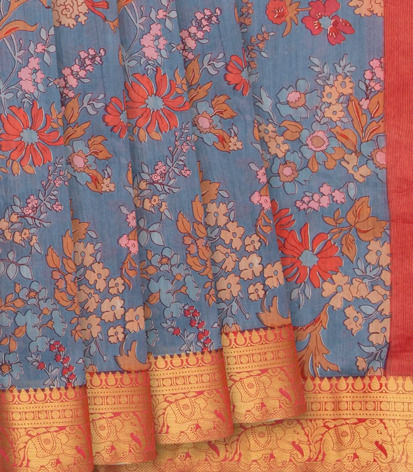 RmKV Grey Blended Cotton Saree With Floral Motifs-Grey