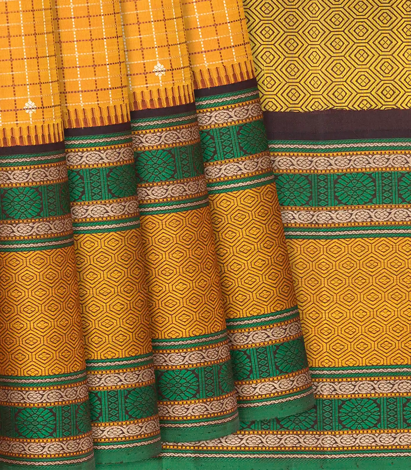 RmKV Orange Handloom Kanchipuram Korvai Silk Saree With Checks & Buttas-Orange