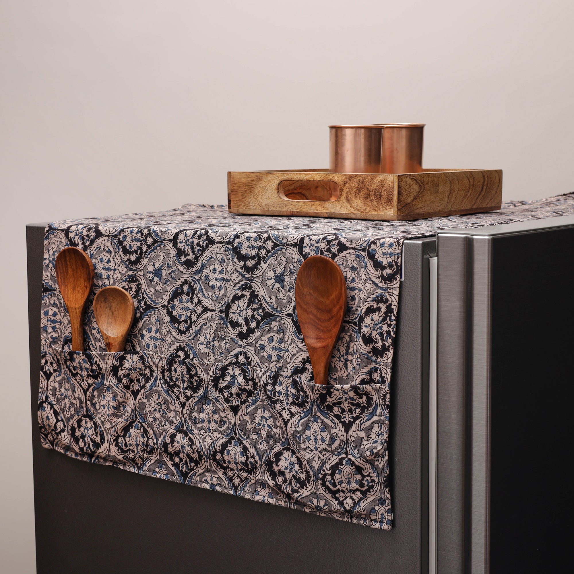 JALPARI Black - Kalamkari Block Printed Fridge Cover with Handle Cover 10