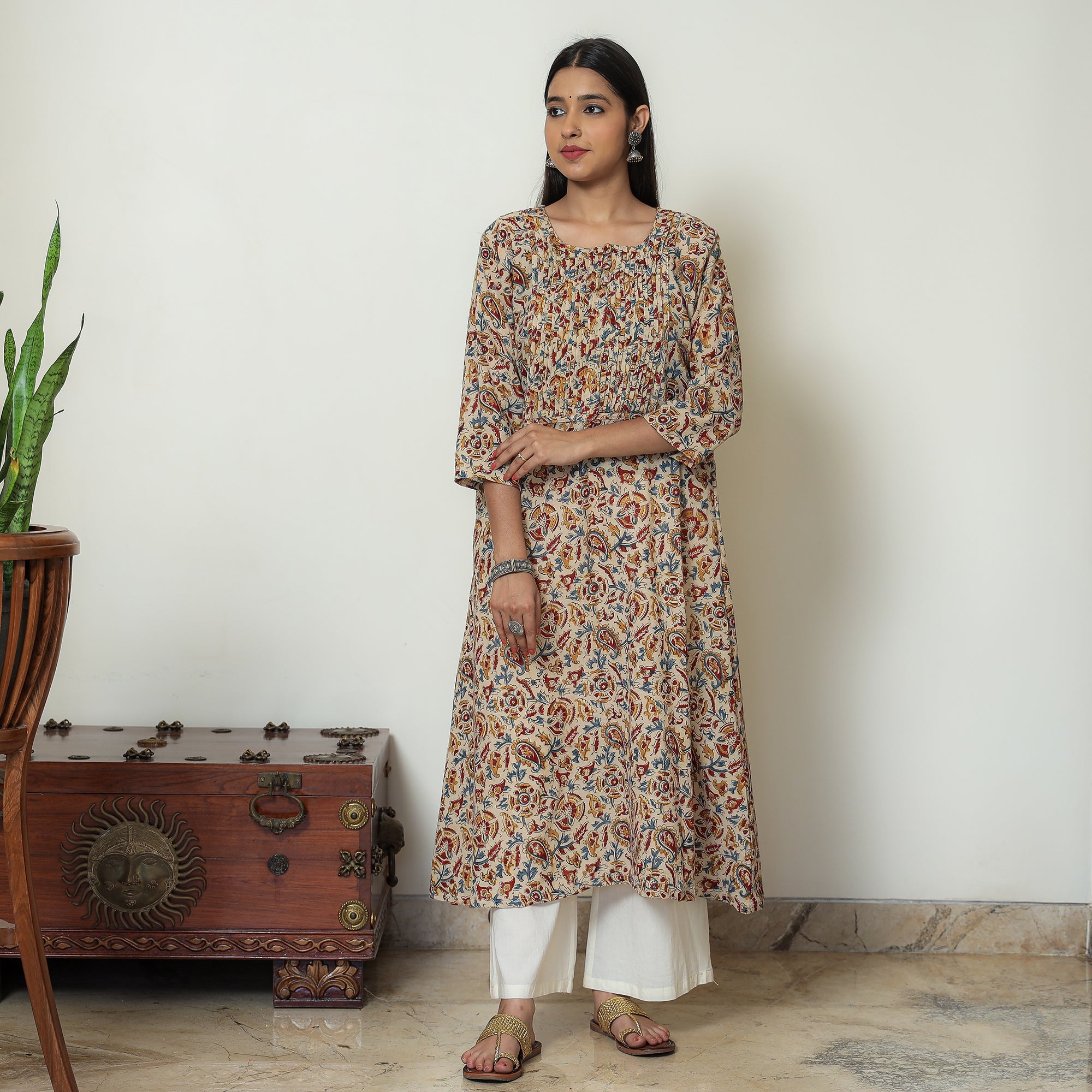 ITOKRI CASUALS Beige - Kalamkari Hand Block Printed Mul Cotton Pintuck A-Line Kurta 01 - view 5
