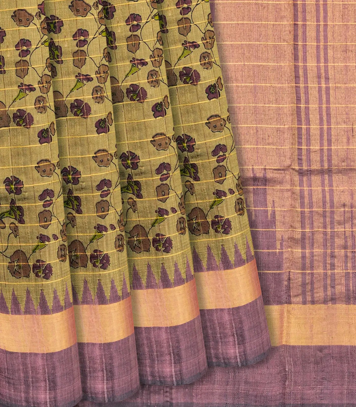 RmKV Sage Green Handloom Dupion Silk Saree With Printed Vine Motifs -Sage Green