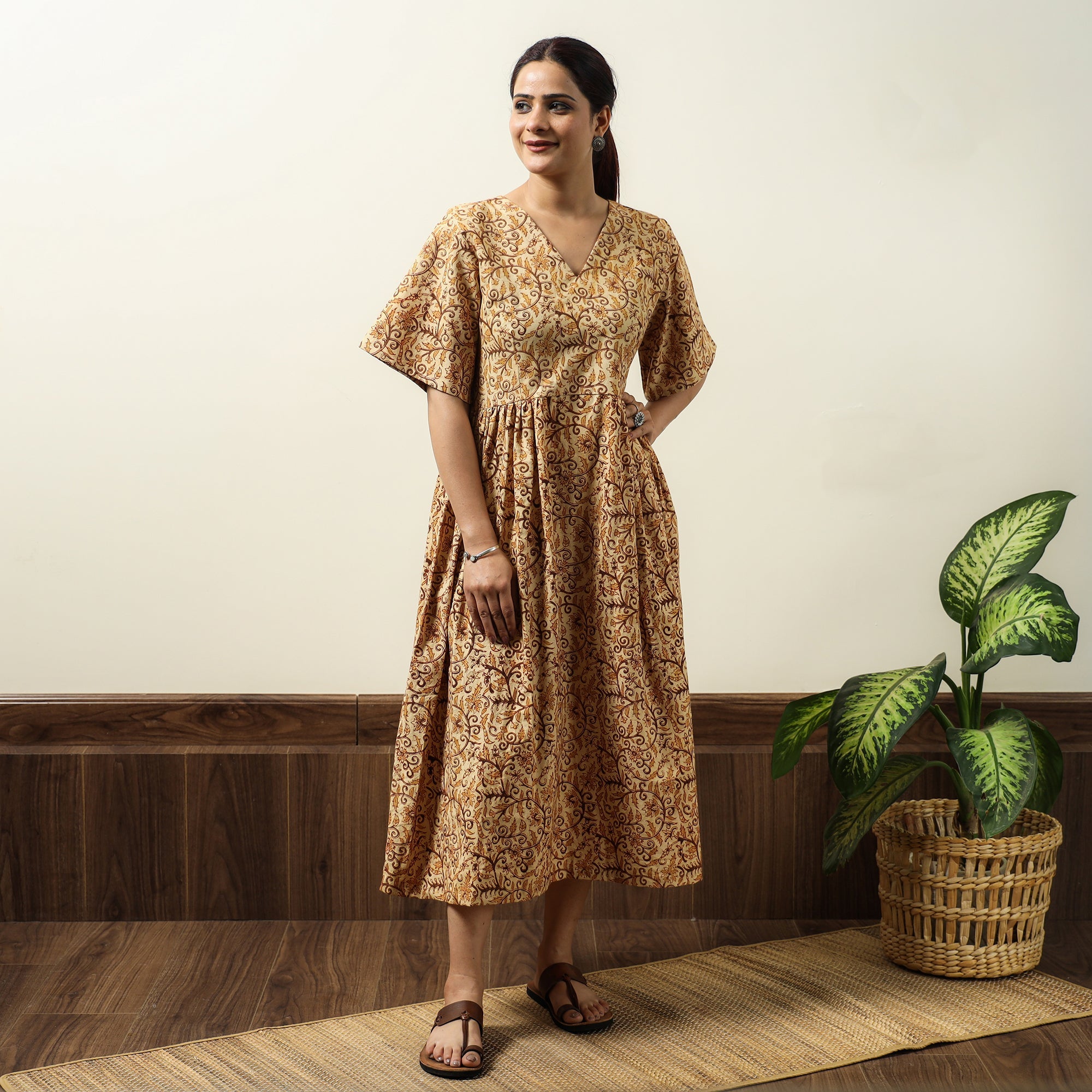 ITOKRI CASUALS Beige - Kalamkari Block Printed Cotton Flared Gher Dress 06 - view 2