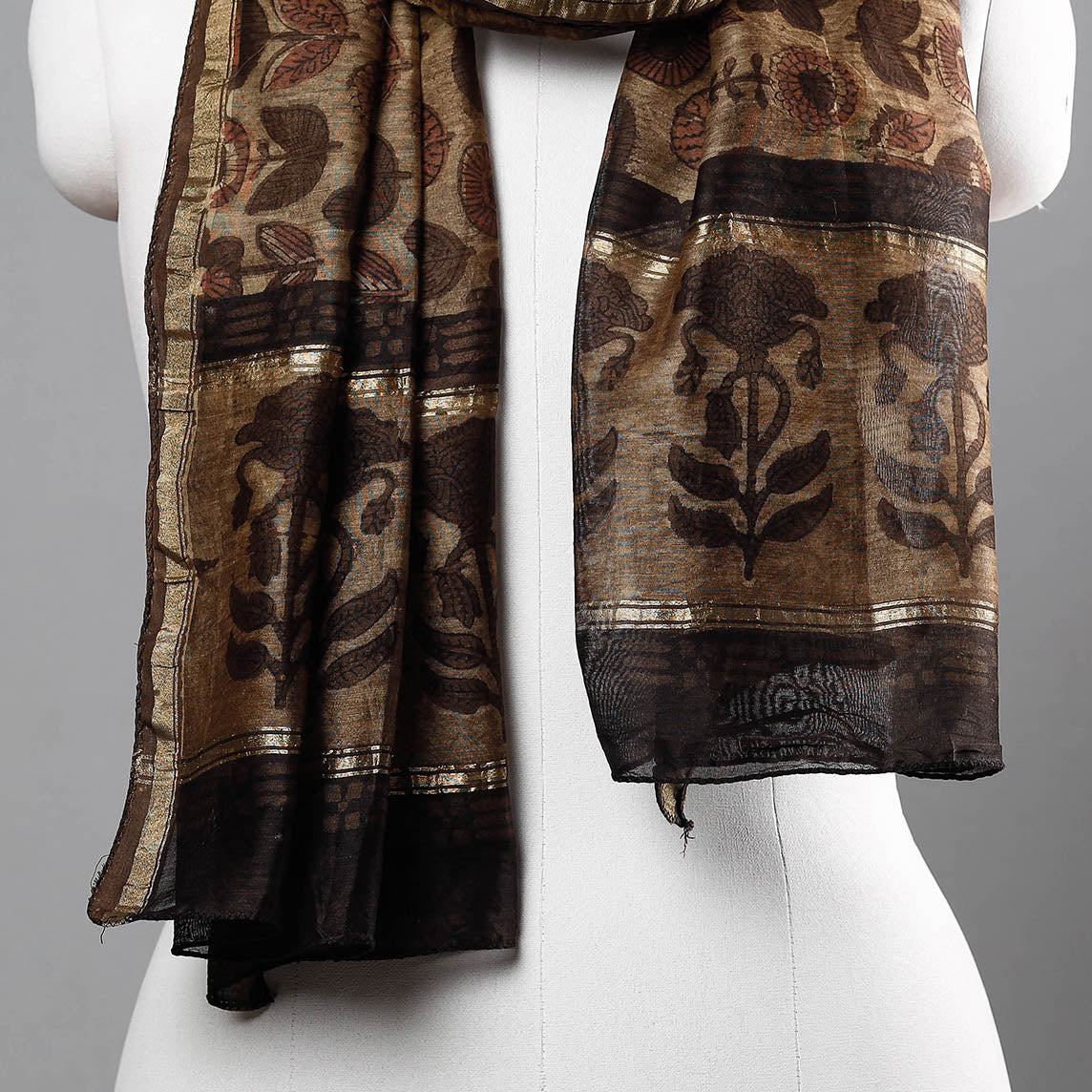 BAGRU DABU PRINTS Brown - Bagru Block Printed Chanderi Silk Handloom Stole with Zari Border - view 2