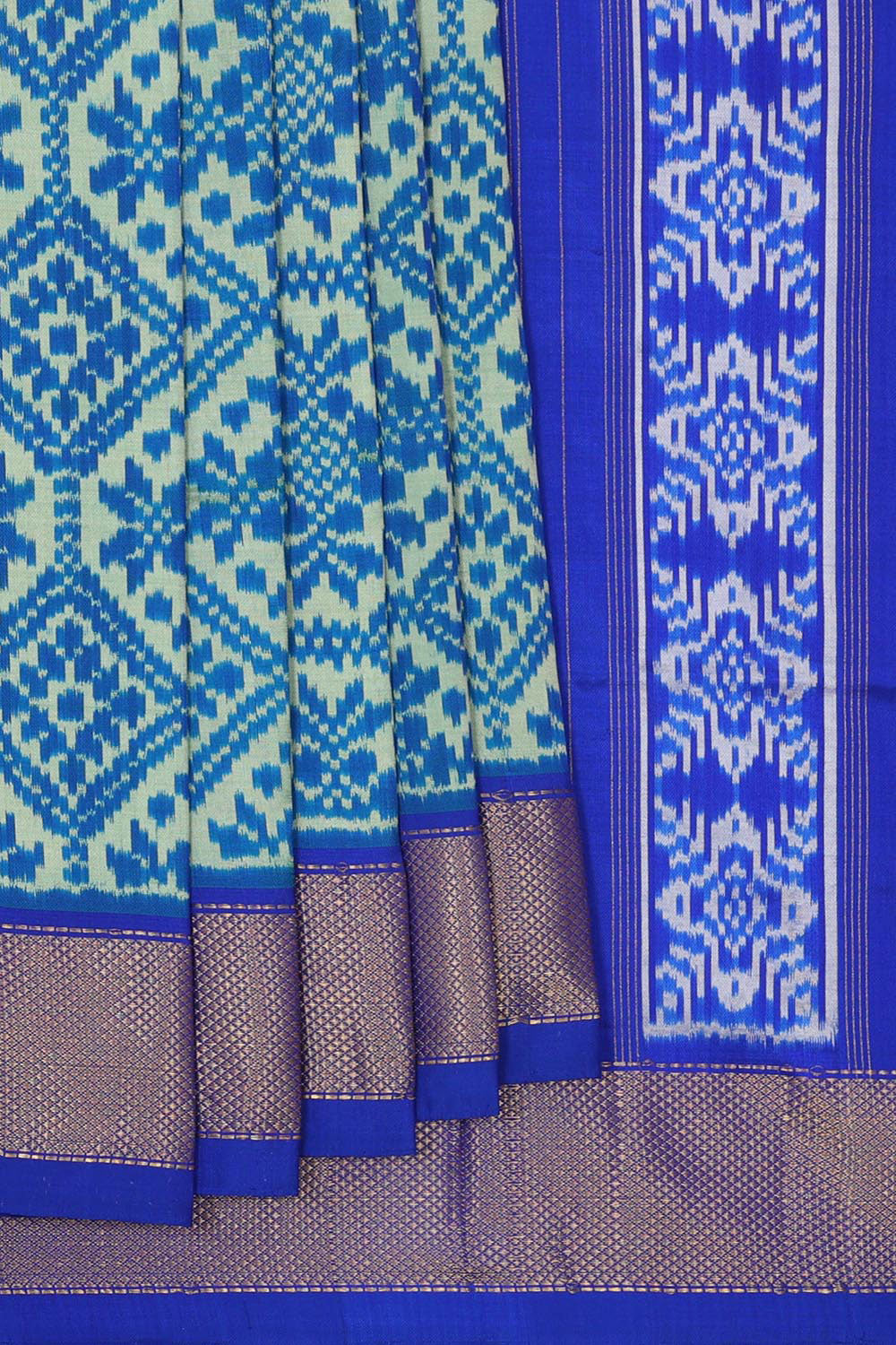 Kalanjali Ikat Silk Cream-Blue Saree – Women's