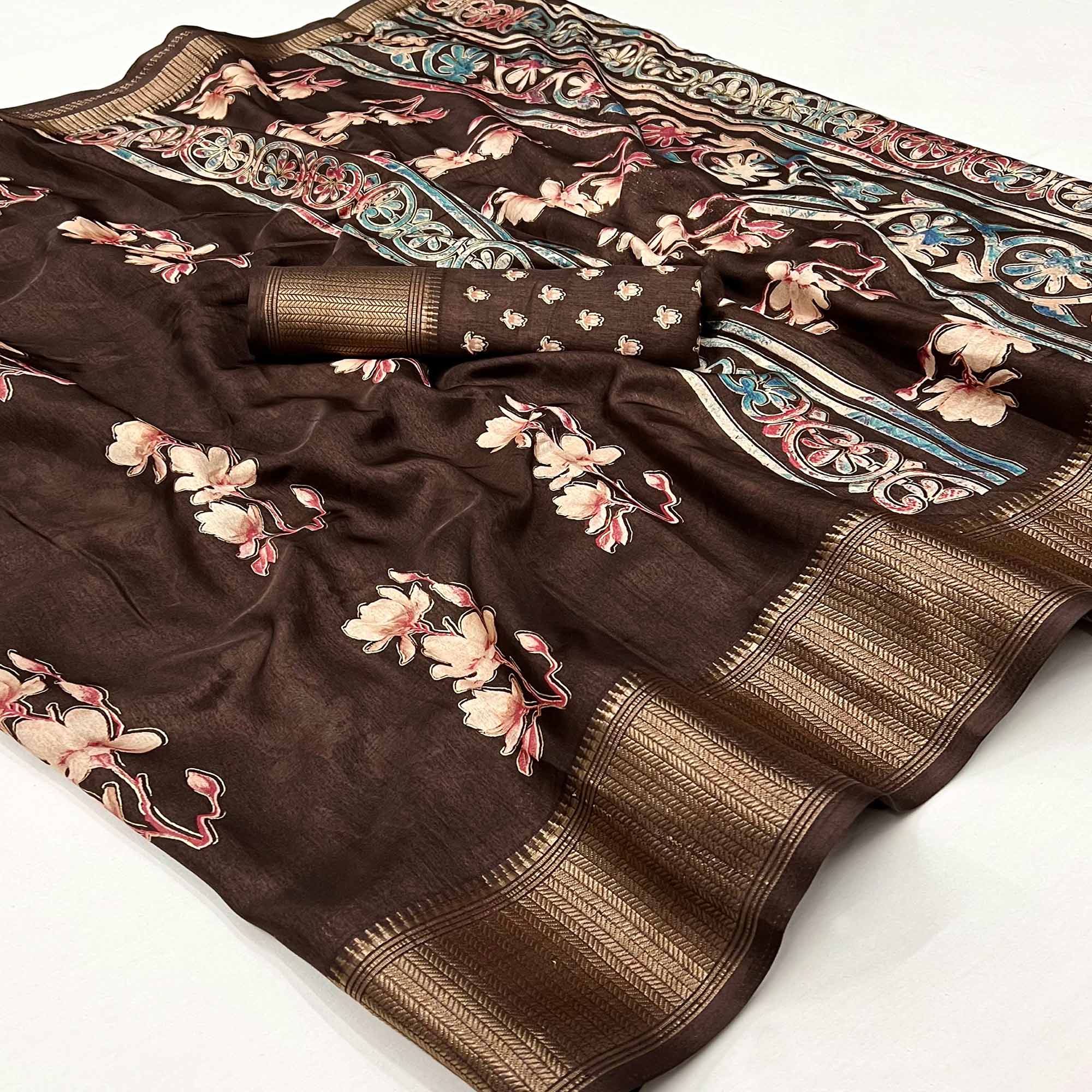 Peachmode Brown Floral Foil Printed Dola Silk Saree With Jacquard Border