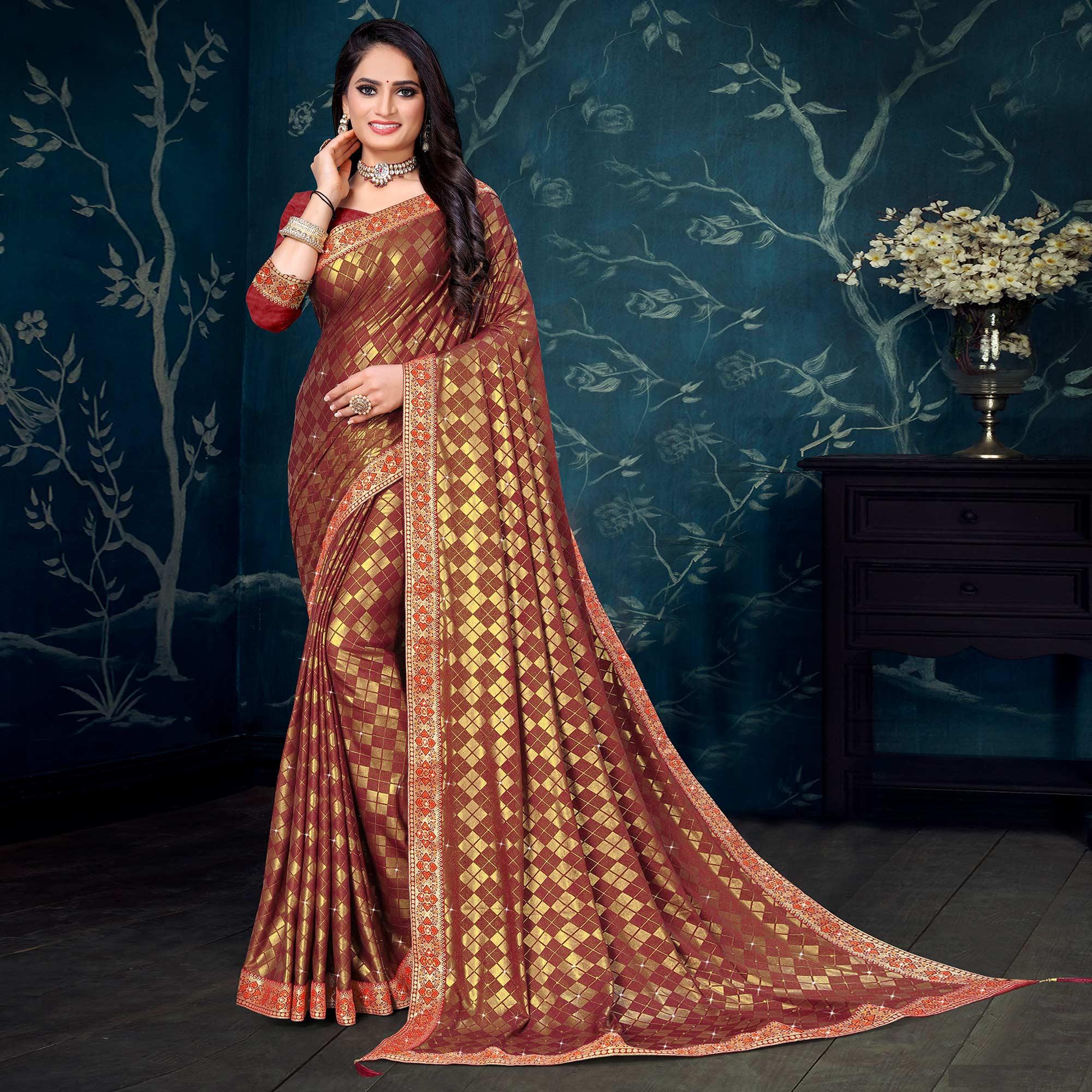 Peachmode Brown Woven With Diamond Work Art Silk Saree
