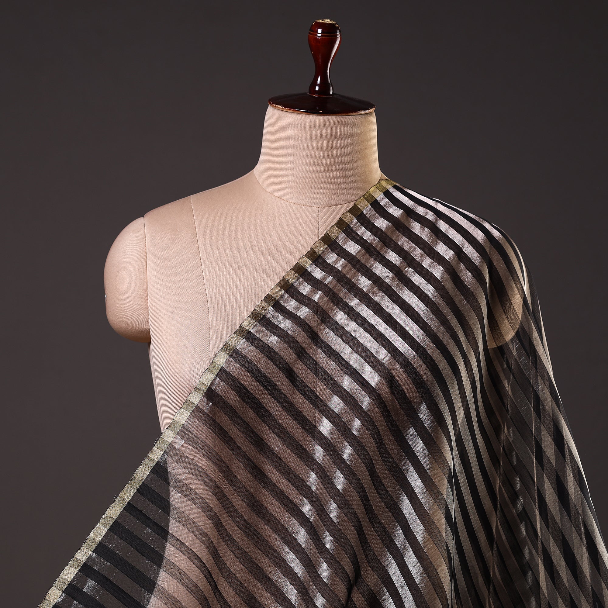 CHANDERI BY RAUPH KHAN Black - Traditional Chanderi Silk Handloom Zari Stripes Fabric - view 2