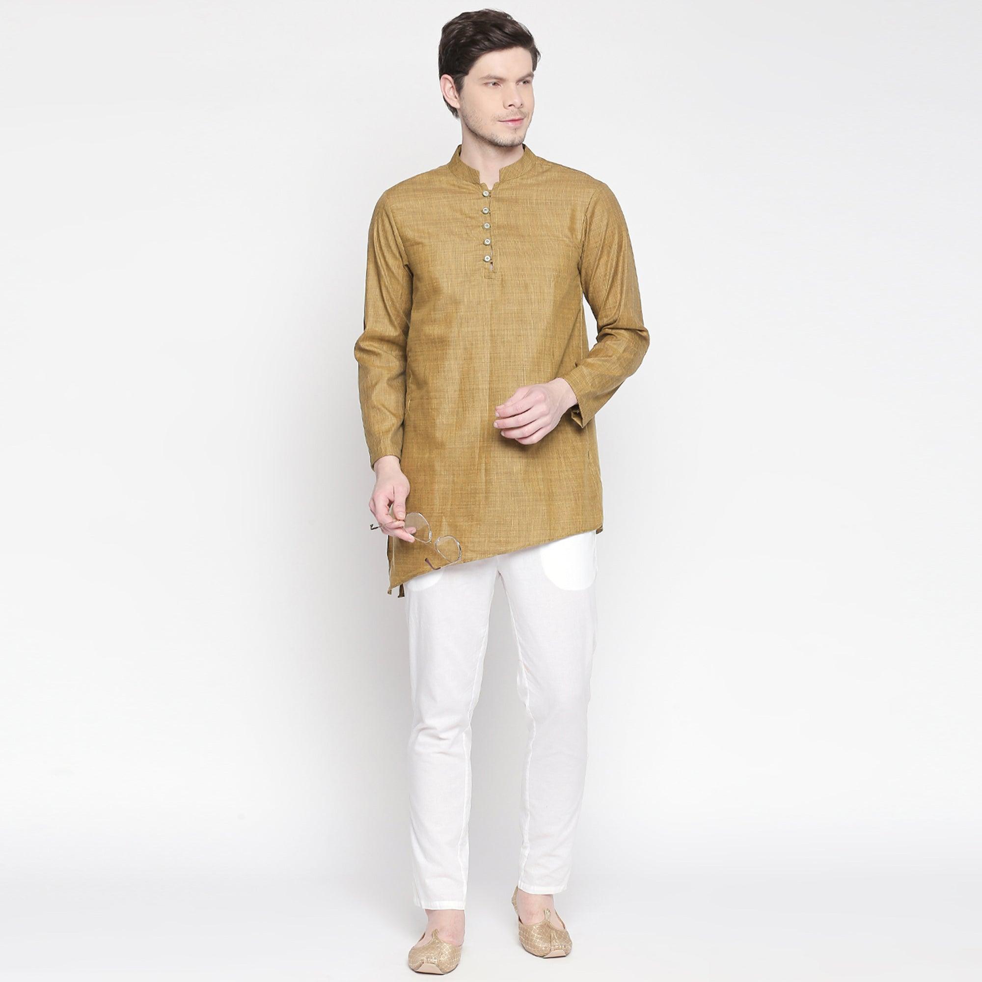 Peachmode Brown Solid Pure Cotton Kurta With Asymmetric Hem - view 2