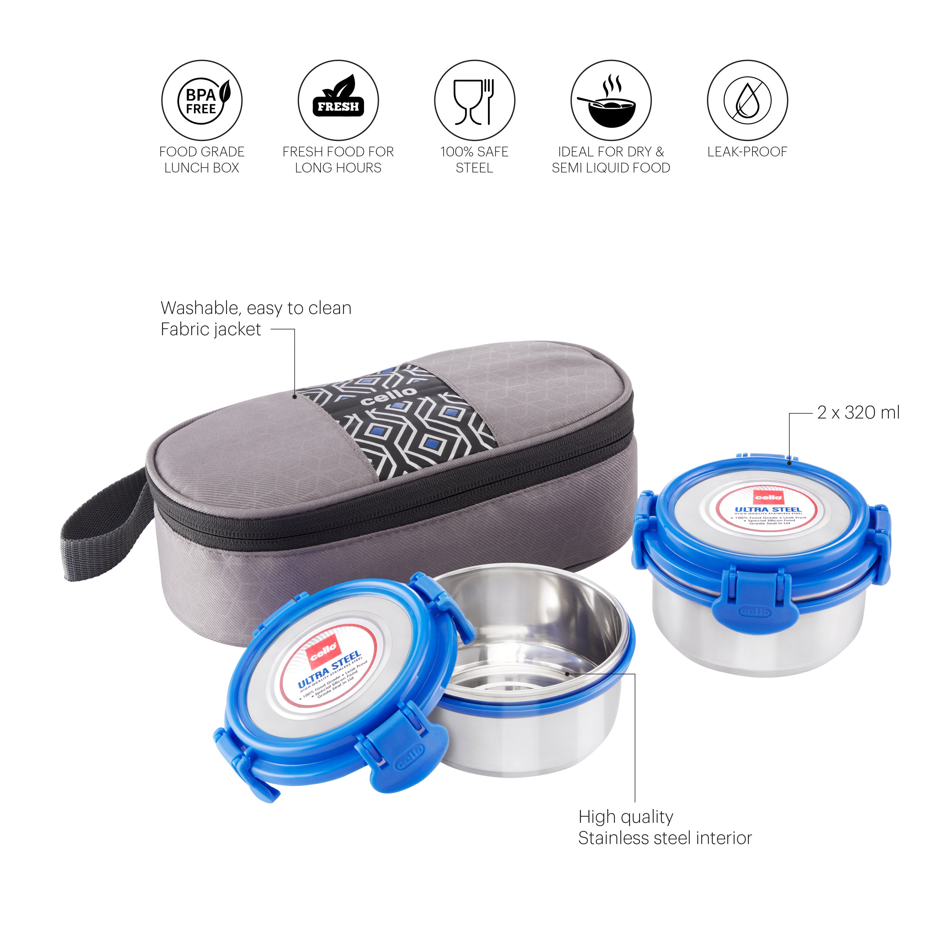 Cello MF Ultra Stainless Steel Lunch Box with Jacket, Set of 2 - view 6