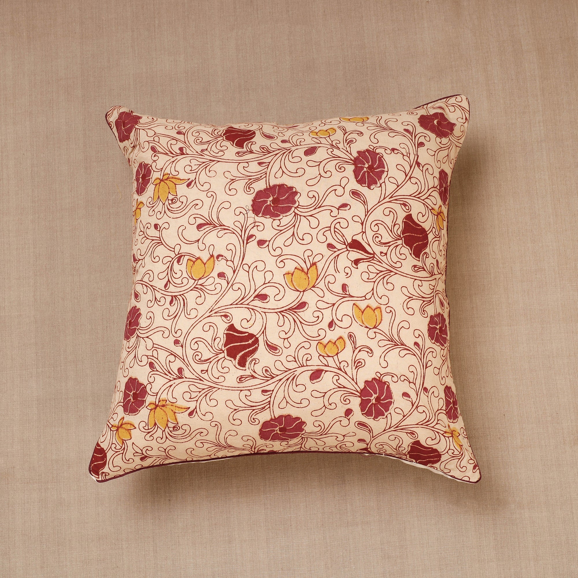 NOORI BAZAR Beige - Block Print Cotton Kalamkari Cushion Cover (16 x 16 in)