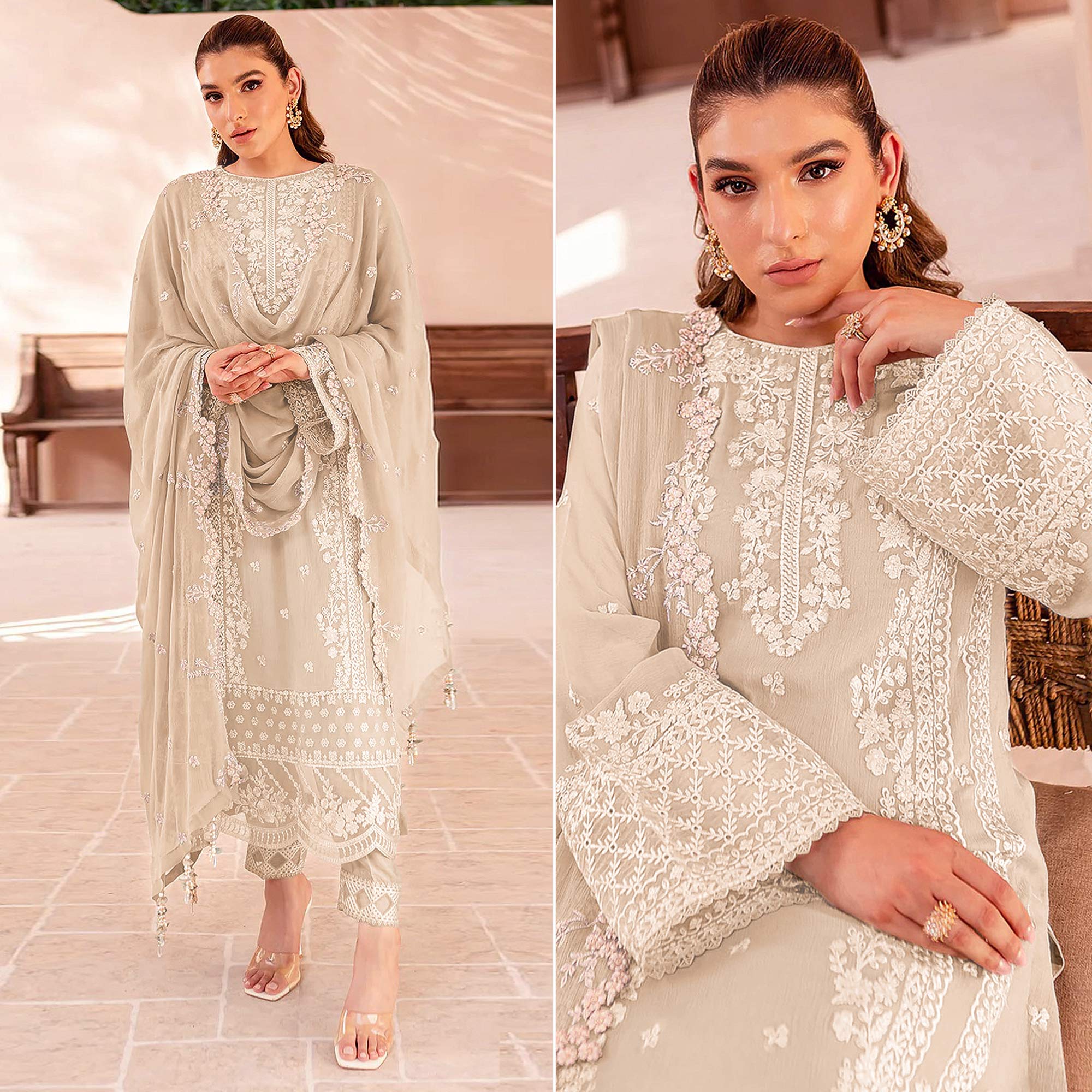 Peachmode Cream Floral Sequins Embroidered Georgette Semi Stitched Pakistani Suit