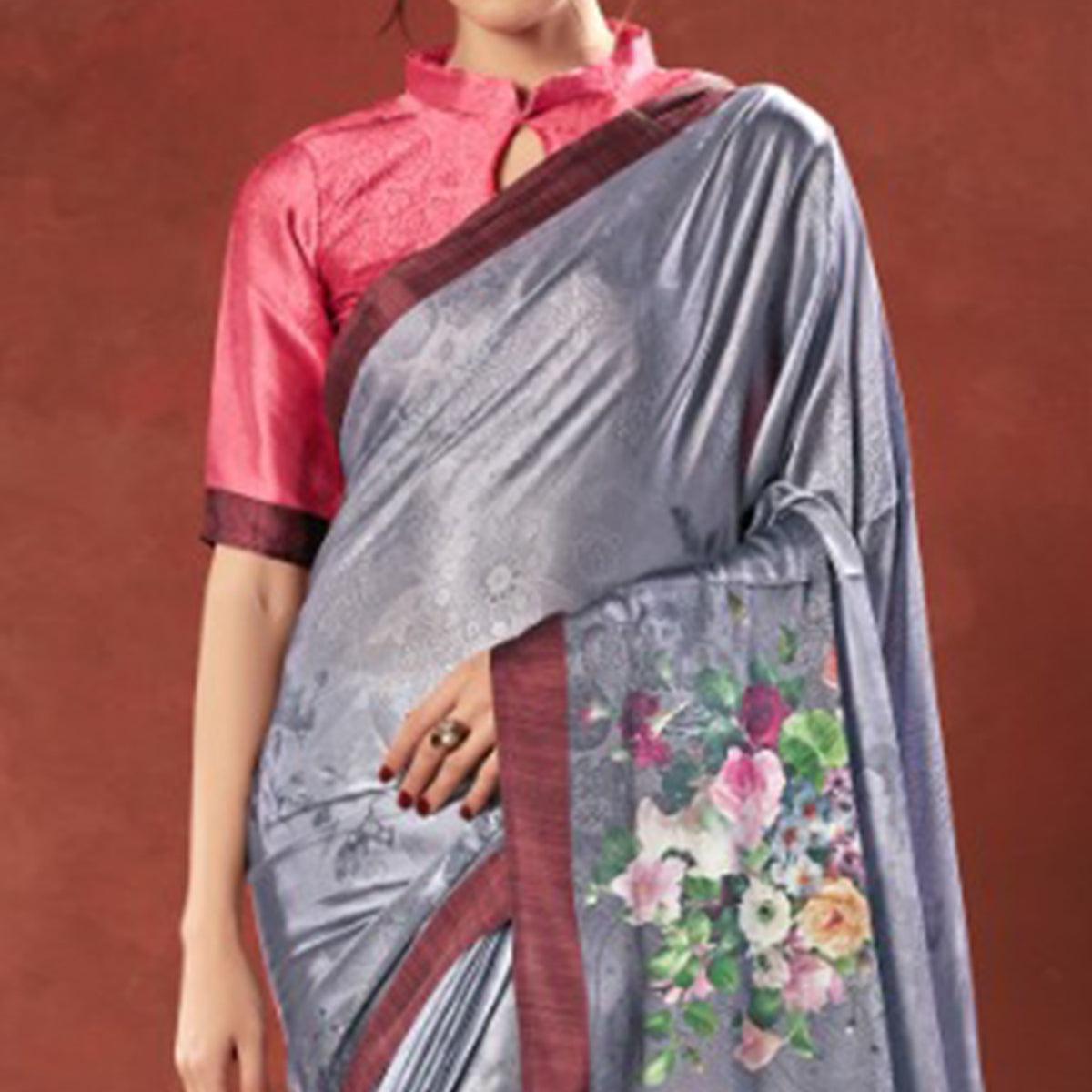 Peachmode Lovely Grey Colored Casual Wear Printed Satin Crepe Saree With Tassels - view 4