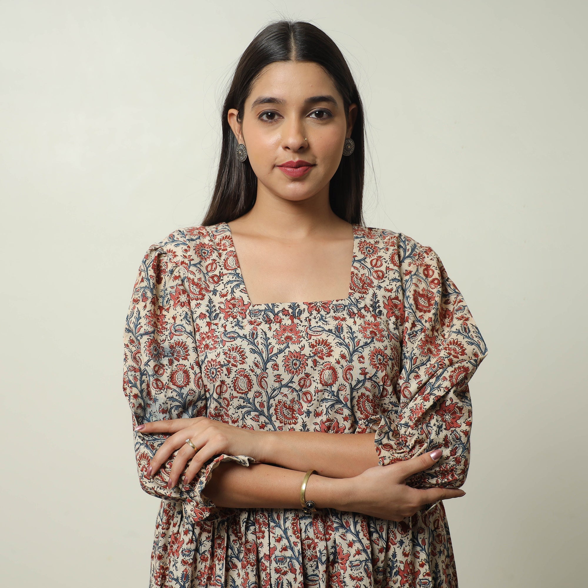 ITOKRI CASUALS Beige - Pedana Kalamkari Block Printed Cotton Tiered Dress 07