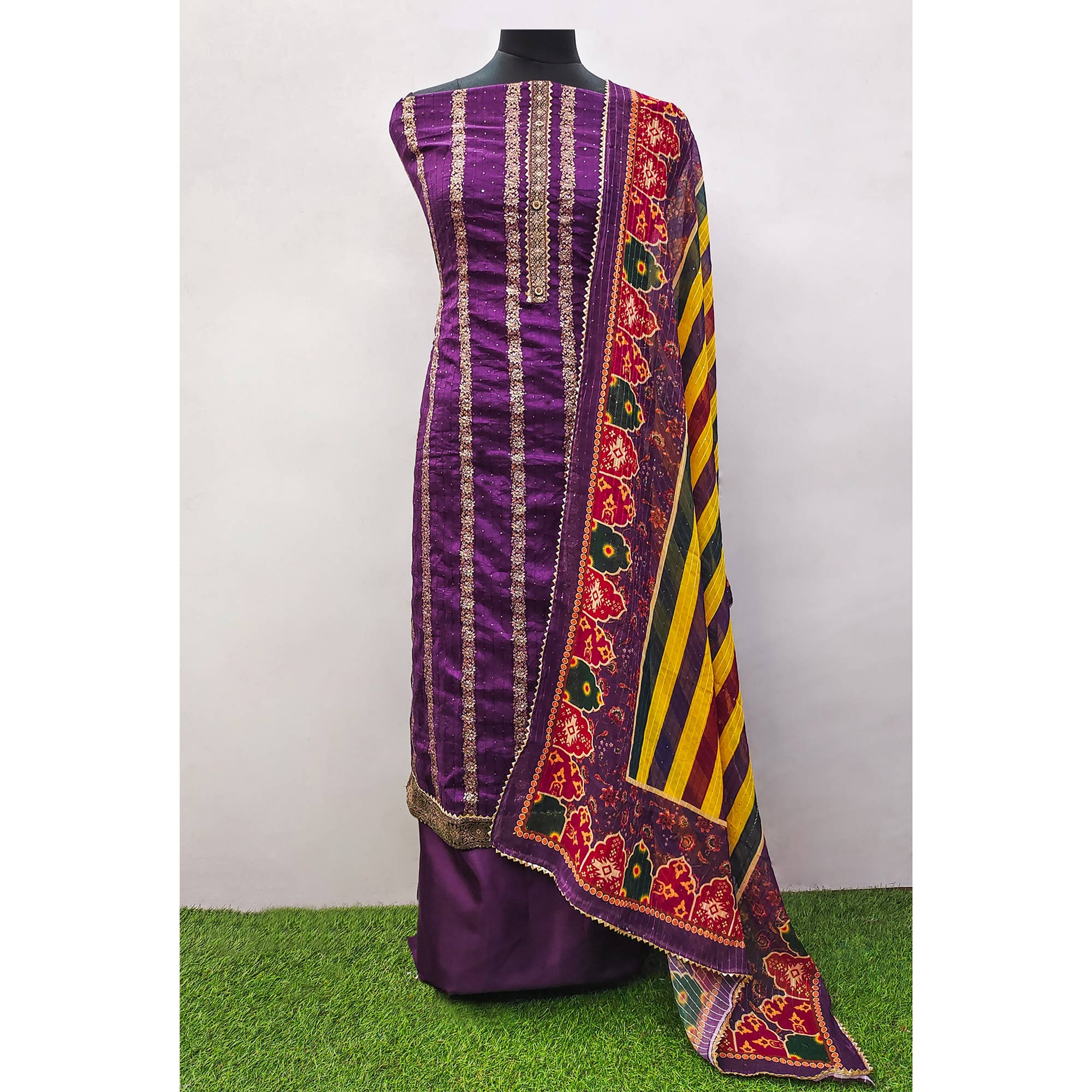 Peachmode Dark Purple Woven Banarasi Silk Dress Material - view 3