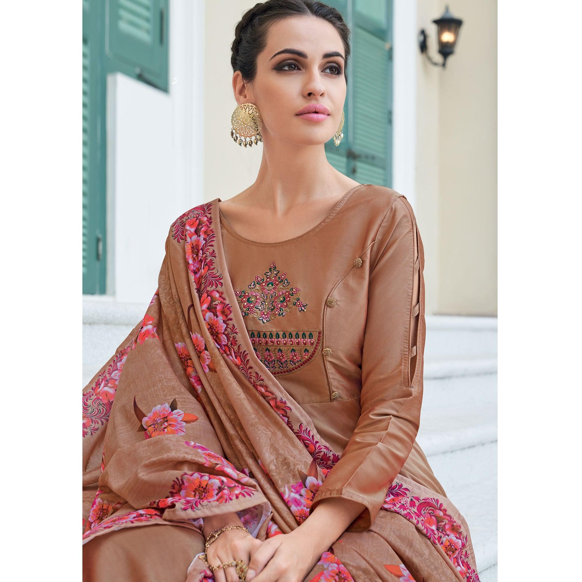 Peachmode Seller Flattering Brown Colored Partywear Embroidered Silk Anarkali Suit - view 2