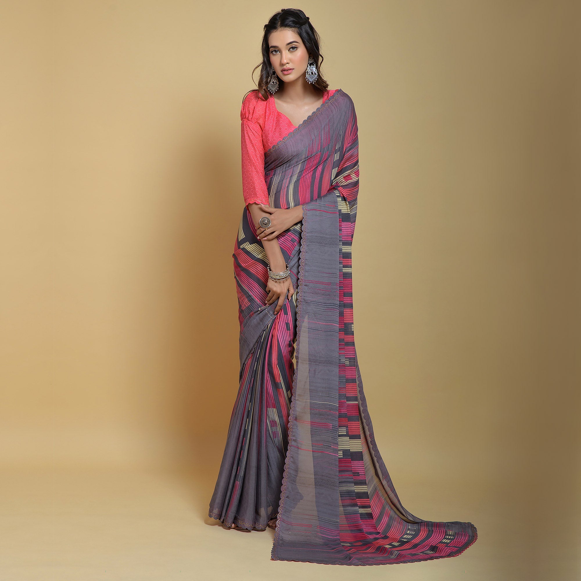Peachmode Grey Printed Georgette Saree With Swarovski Border
