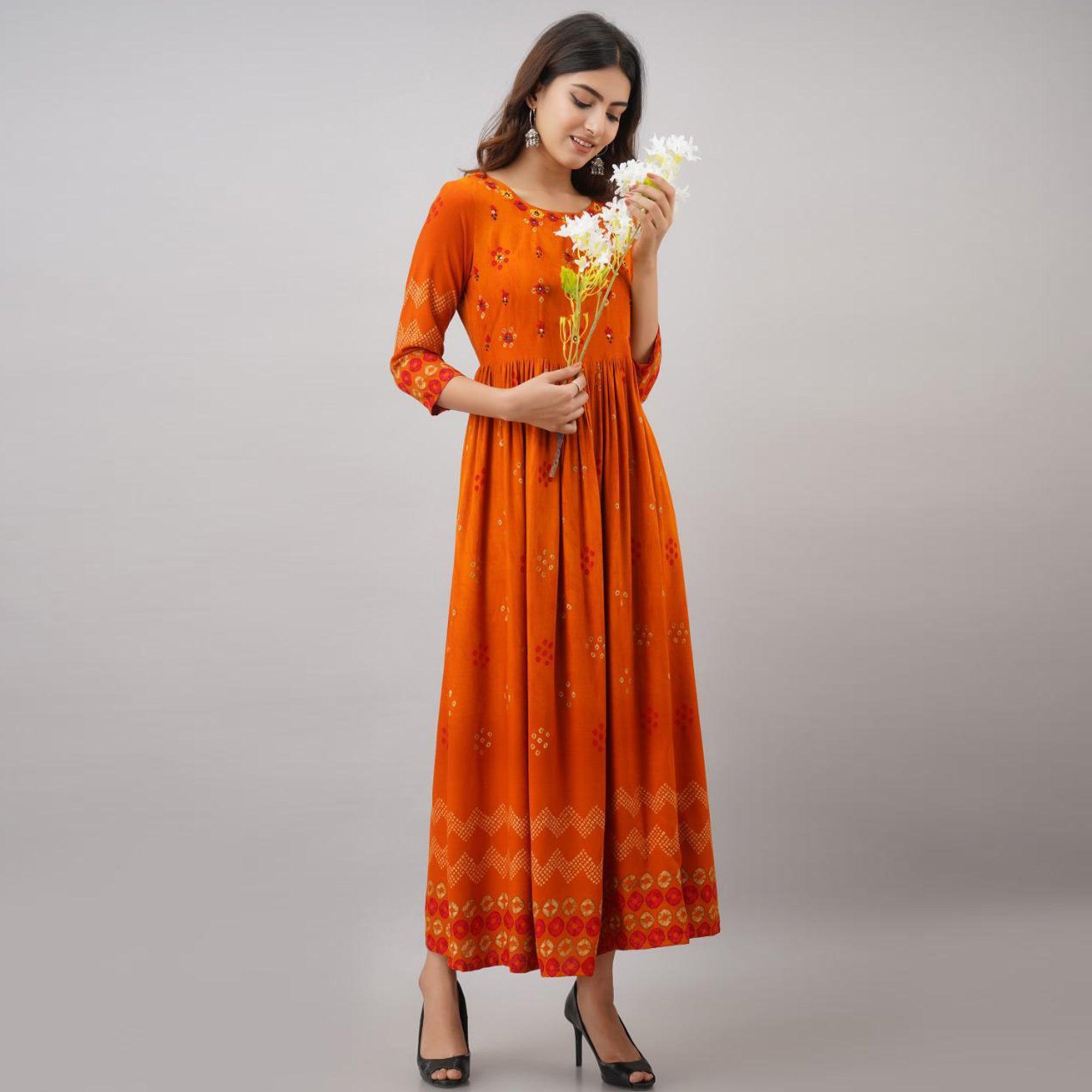 Peachmode Impressive Orange Colored Partywear Embroidered Muslin Long Kurti - view 3