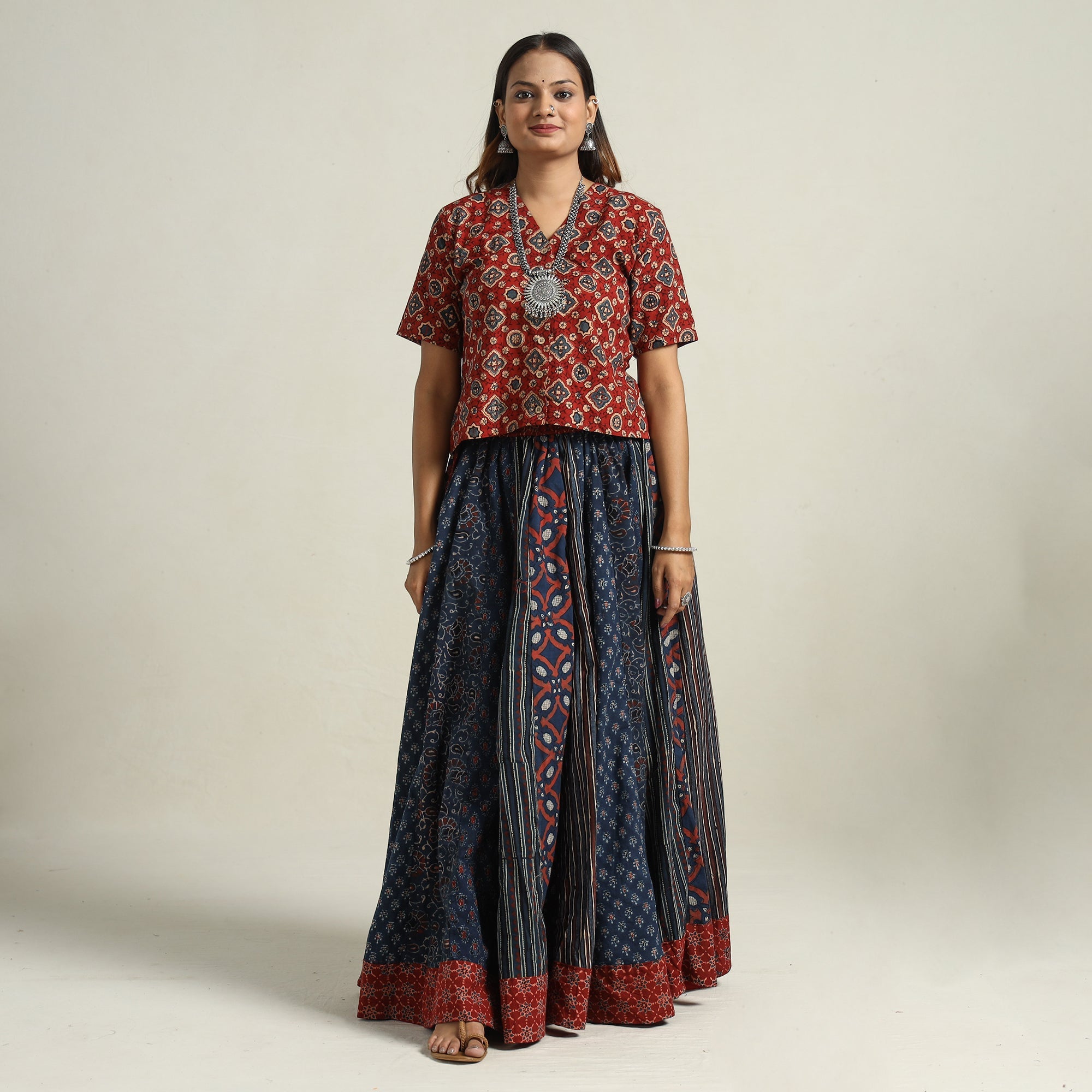 NOORI BAZAR Blue - Ajrakh Block Printed 24 Kali Patchwork Cotton Long Skirt 39