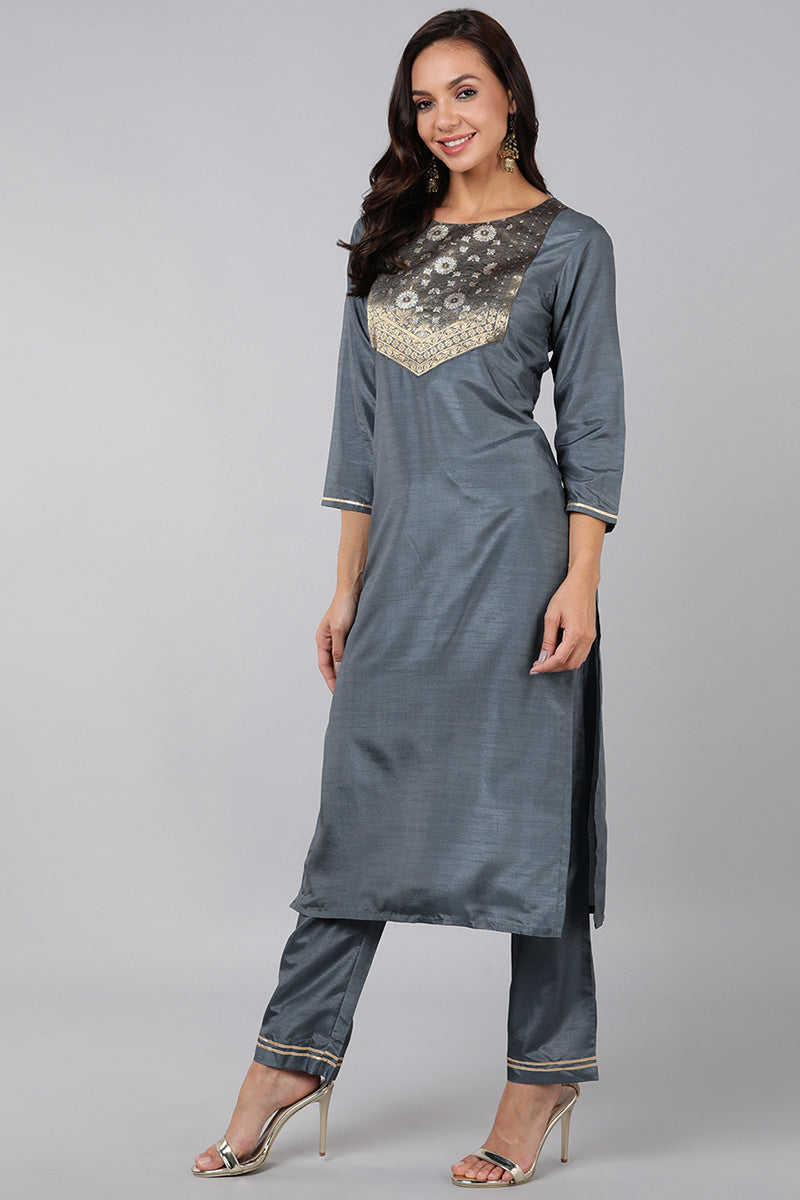 Ahika Grey Poly Silk Solid Straight Suit Set PKSKD1322 - view 3