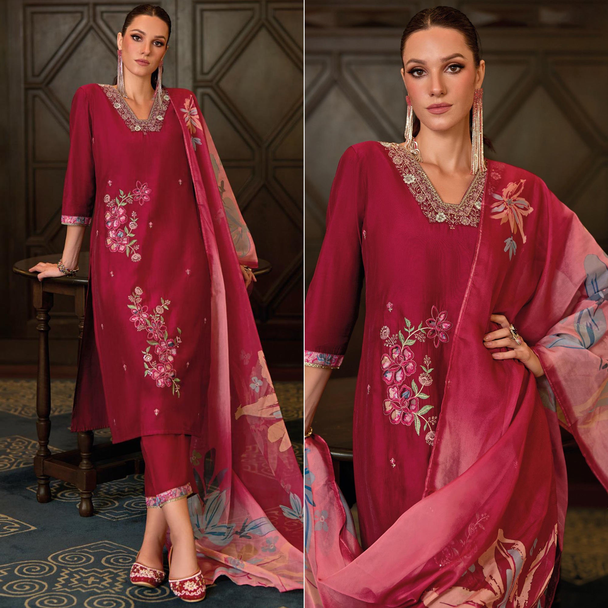 Peachmode Magenta Floral Handwork Embroidered Viscose Salwar Suit
