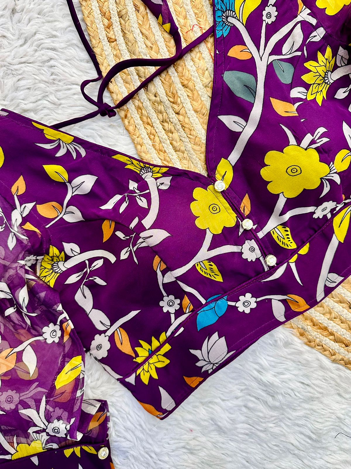 ClothsVilla Purple Kalamkari Print Rajbhog Organza Blouse with Elegant Buttons