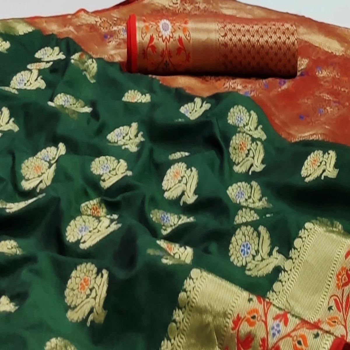 Peachmode Bottle Green Festive Wear Floral Woven Soft Silk Saree With Jacquard Border - view 2